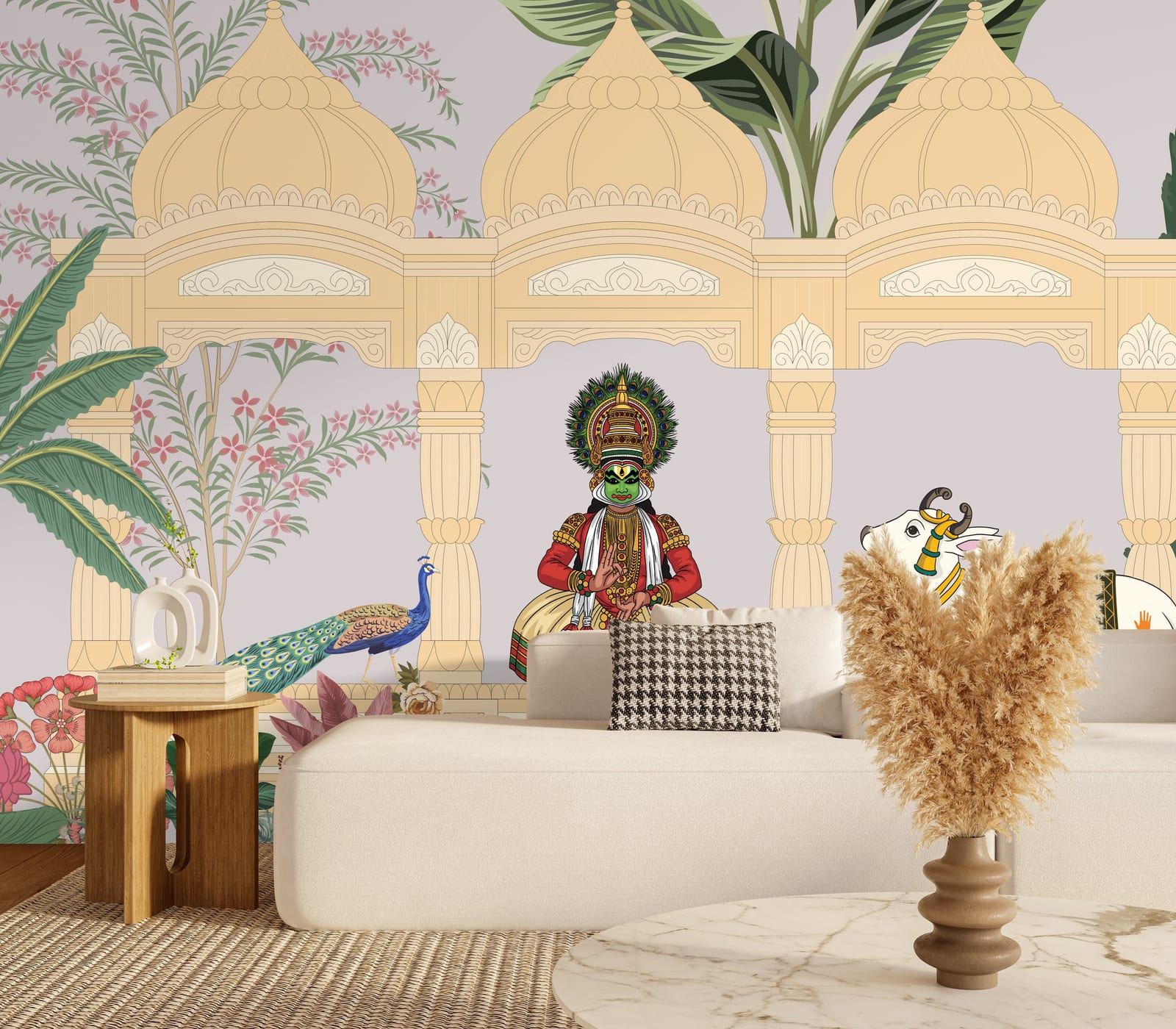 Indian mural wallpaper with temple arches, green foliage, pastel tones for living room decor