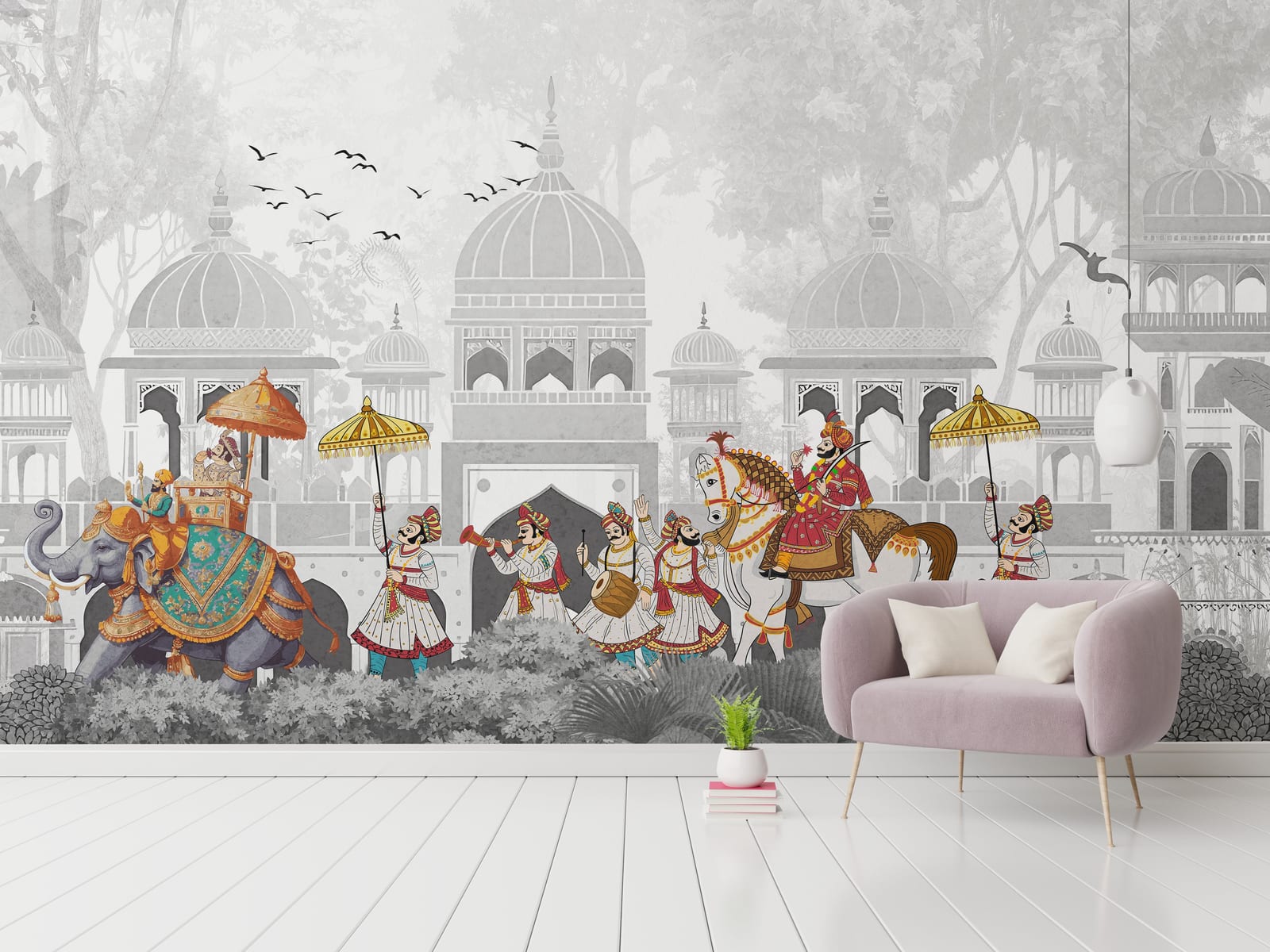 Indian Royal Procession | Gray Mughal Peel and Stick Wallpaper