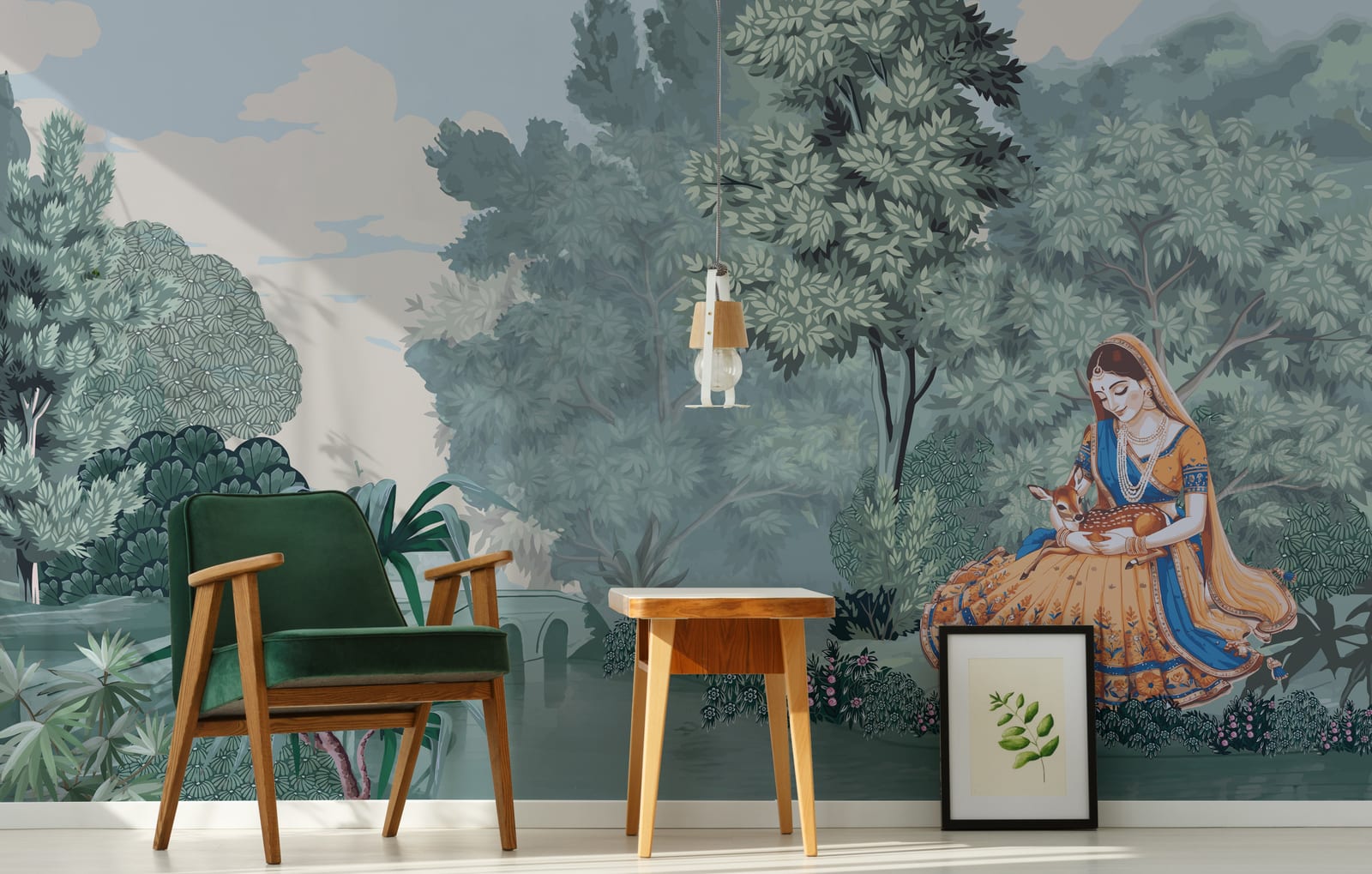 Vintage Rajasthani wall mural with female figure and deer for elegant bedroom interior