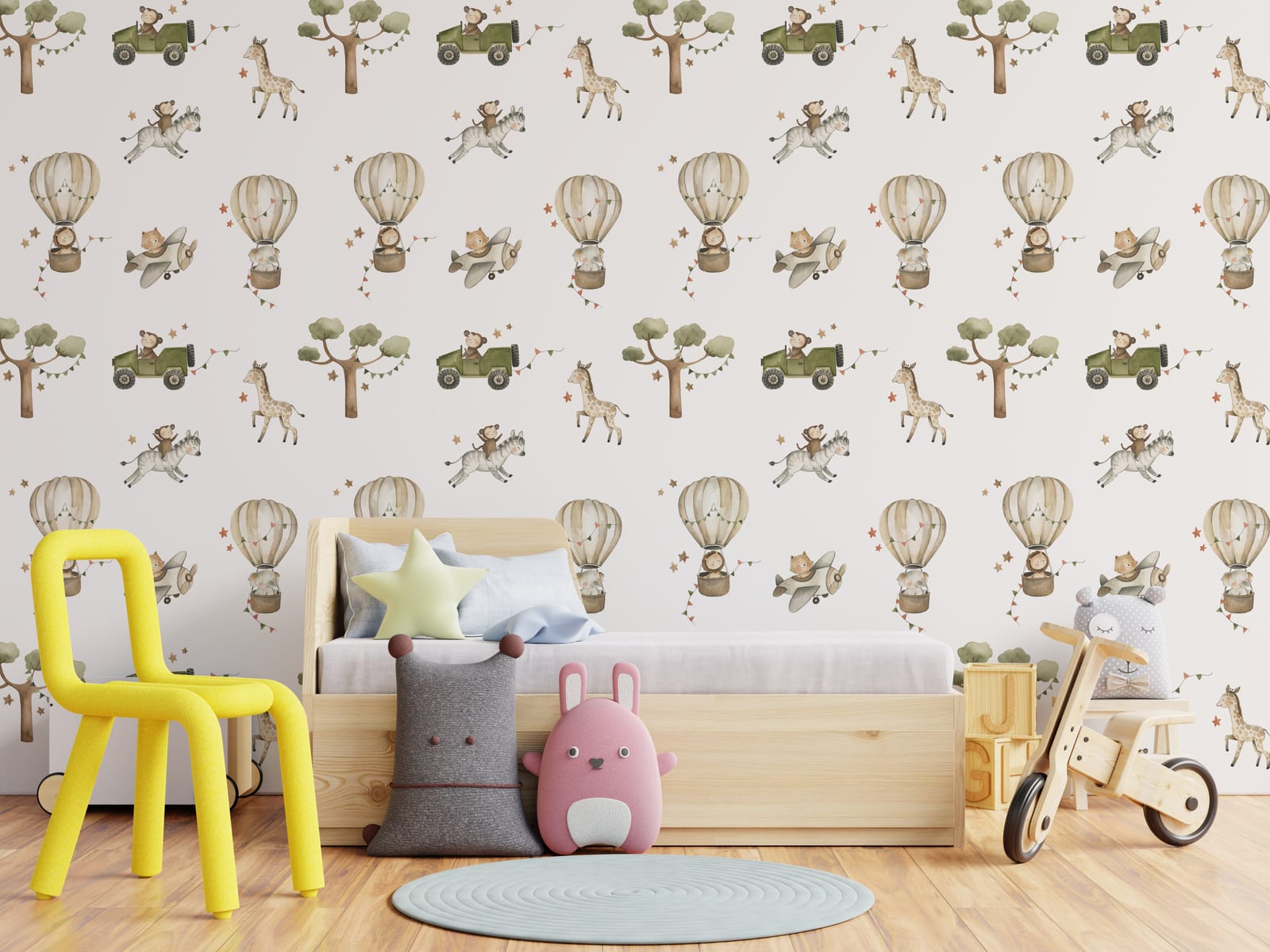 Stylish nursery wall wallpaper featuring watercolor safari animals in soft beige tones