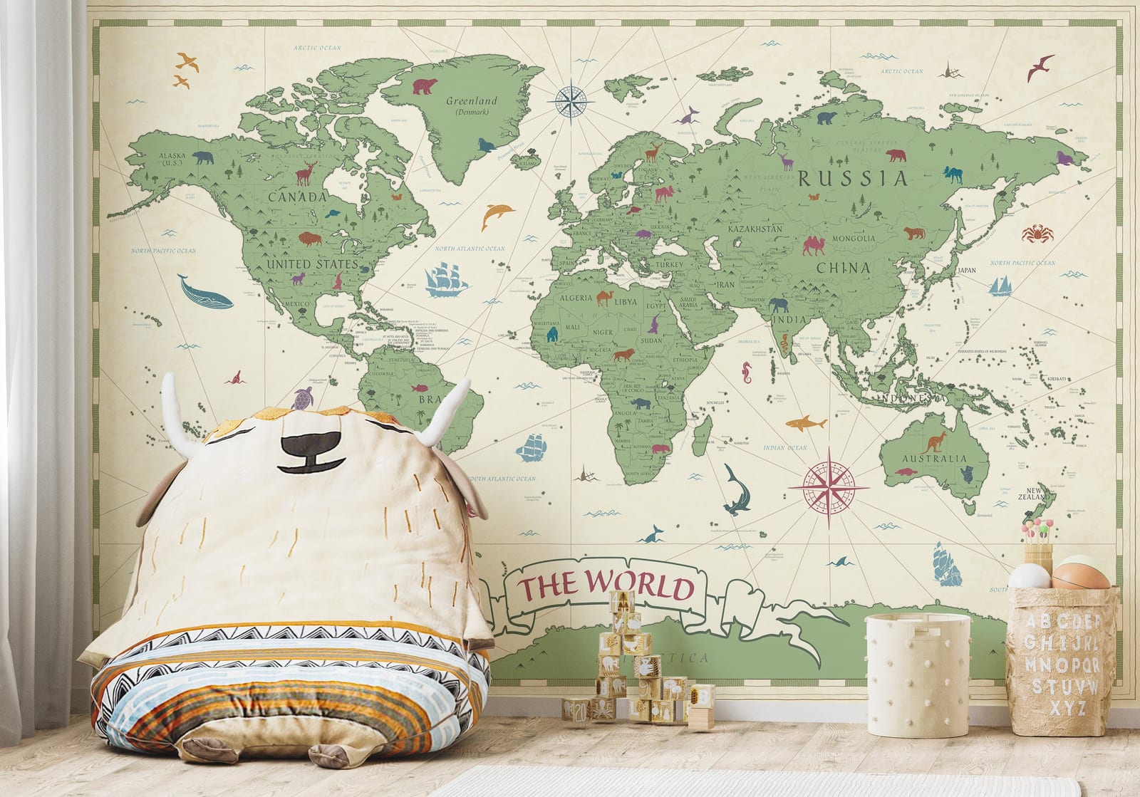 Vintage World Map Kids Wallpaper | Green Animal Map Self Adhesive Wall Decor