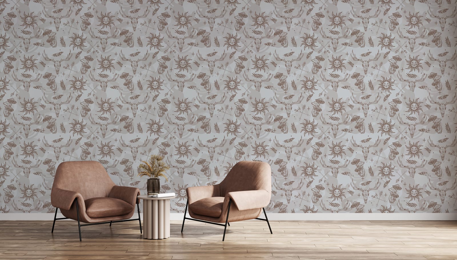 Western boho wallpaper featuring celestial sun and deer skull design for bedroom walls