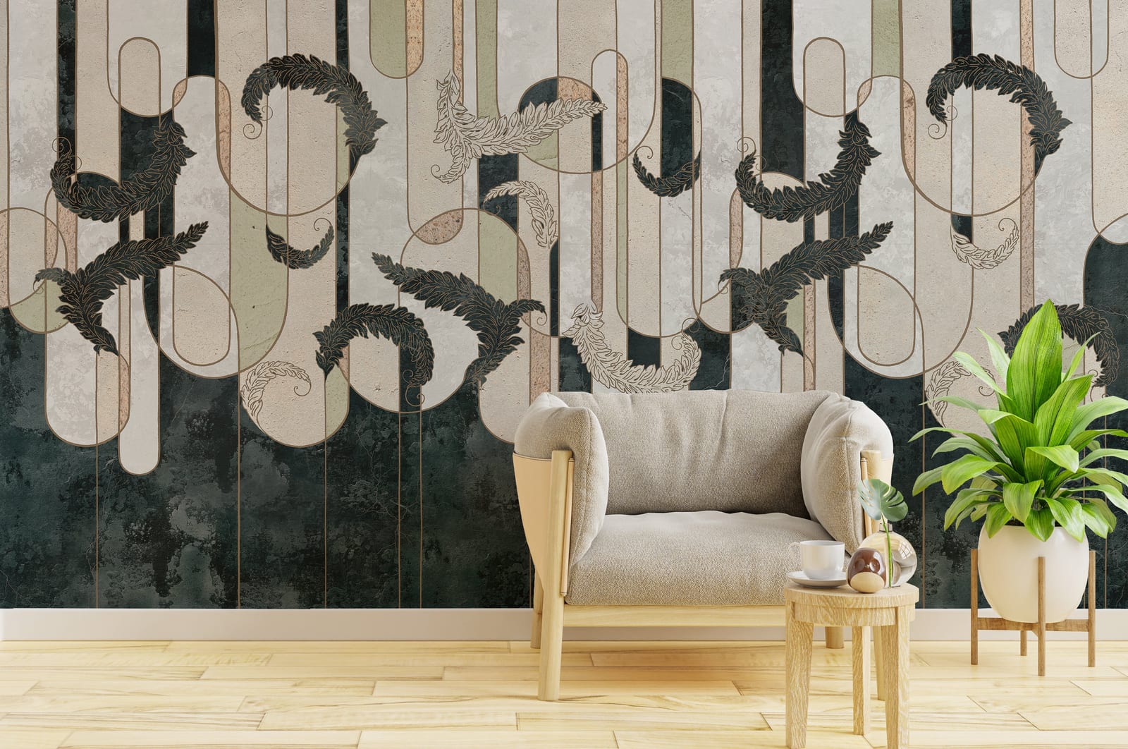 Abstract botanical wallpaper with gold line art, black leaves, neutral tones for modern living room