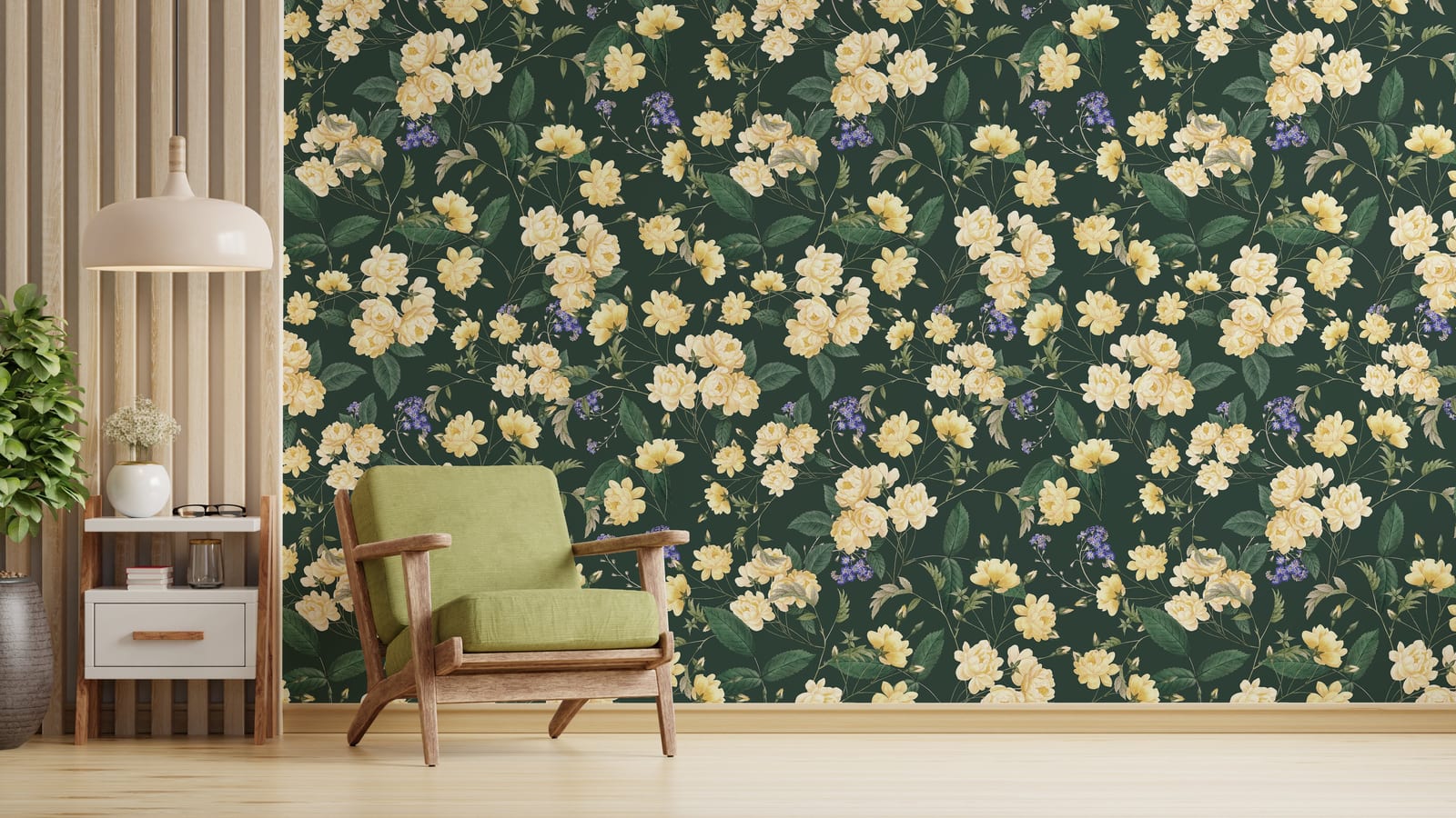 Yellow Rose Floral Wallpaper | Dark Green Vintage Self Adhesive