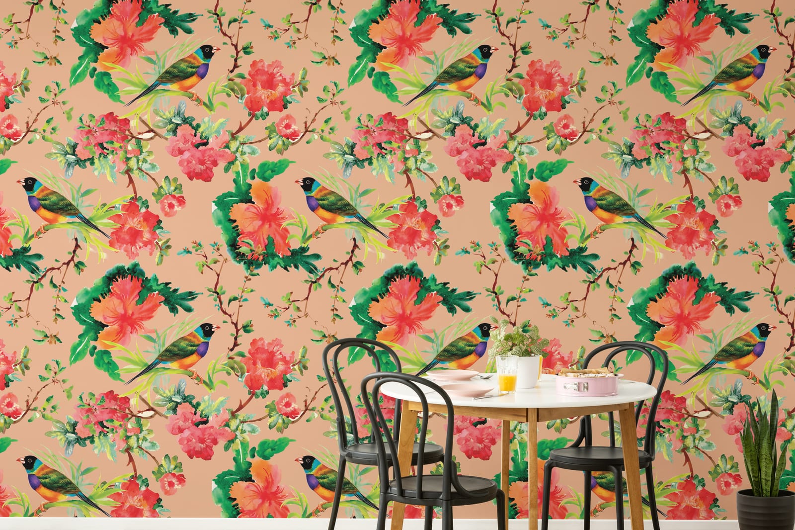 Stylish dining room accent wall wallpaper featuring peach tropical bird floral mural decor