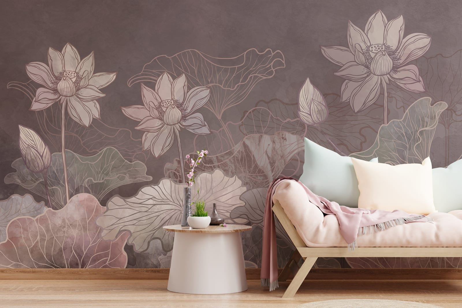 Vintage Lotus Peel and Stick Wallpaper | Floral Botanical Pooja Room Wall Decor
