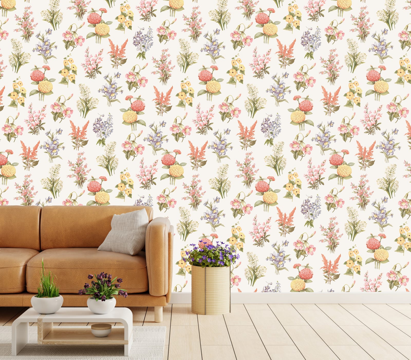 Pastel garden flower pattern removable wall covering for stylish living room interior
