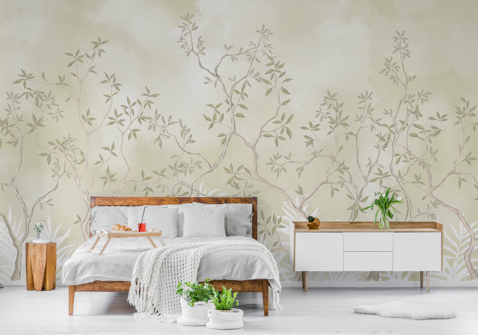 Removable leafy branch pattern neutral tones creating calm Scandinavian bedroom interior