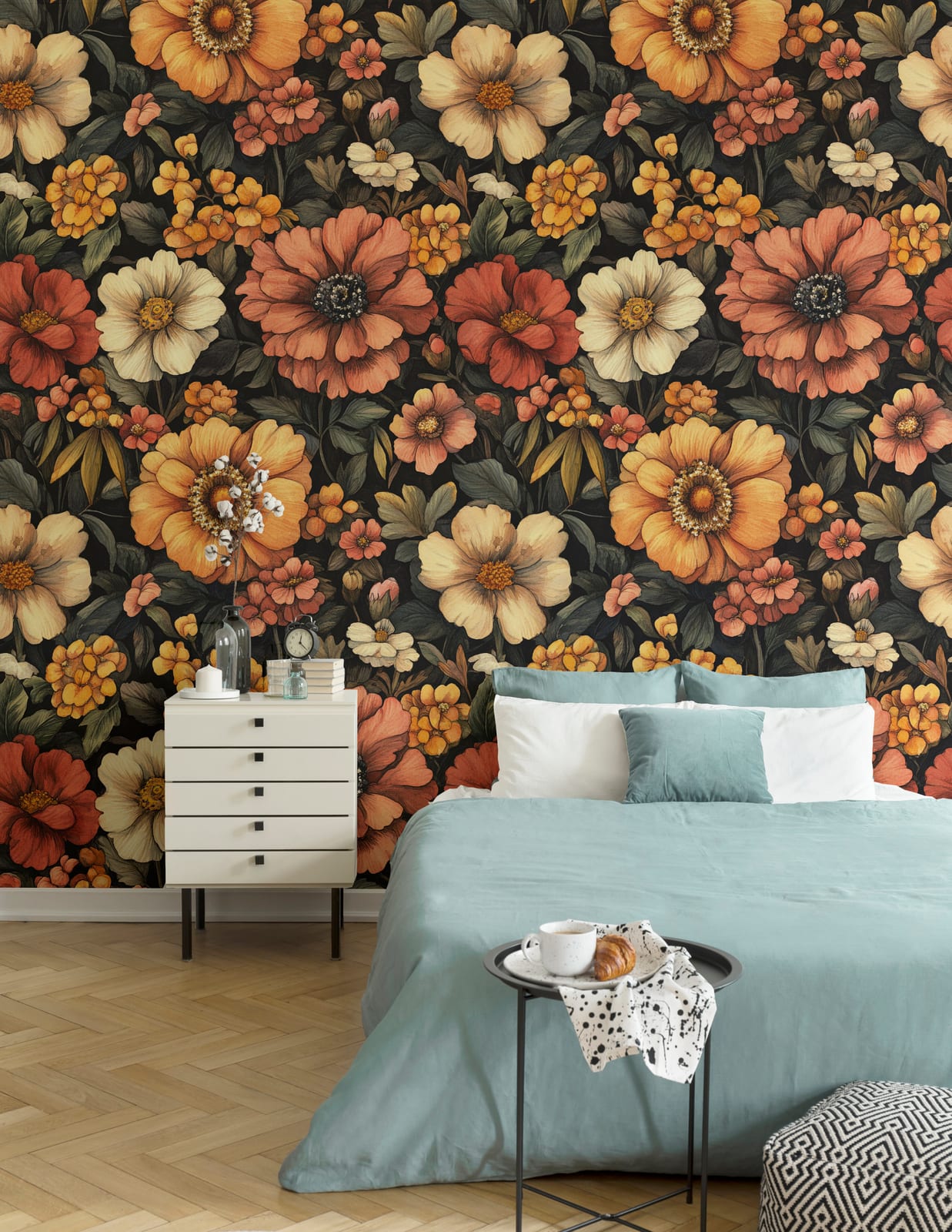 Dark floral removable wallpaper featuring vintage botanical design for modern bedroom decor