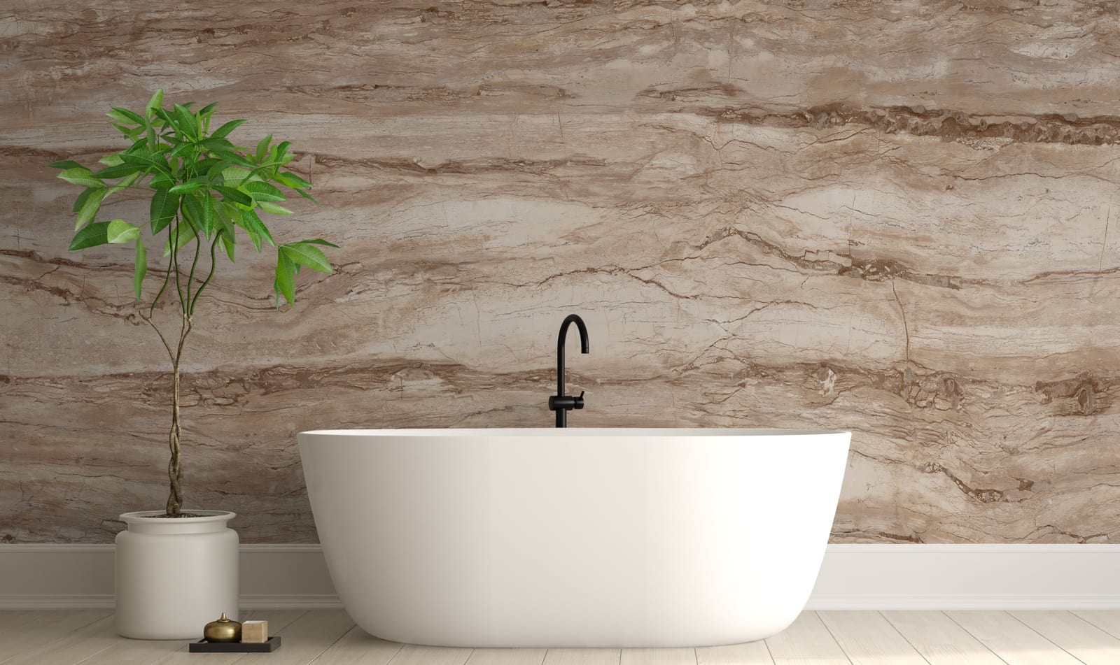 Stone inspired peel and stick wall covering for modern bathroom feature wall