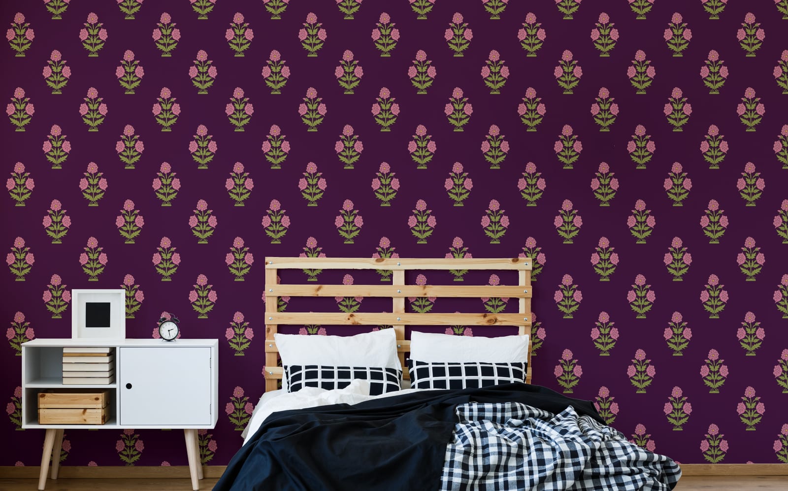 Modern bedroom interior featuring stylish vintage blossom motif wall mural adding texture depth and artistic character.