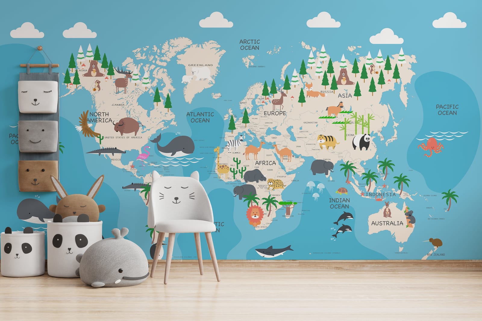 Toddler Animal World Map Peel and Stick Wallpaper