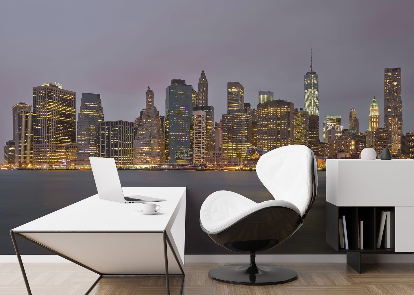 Stylish corporate office wall displaying expansive city skyline panorama with glowing urban towers at dusk.