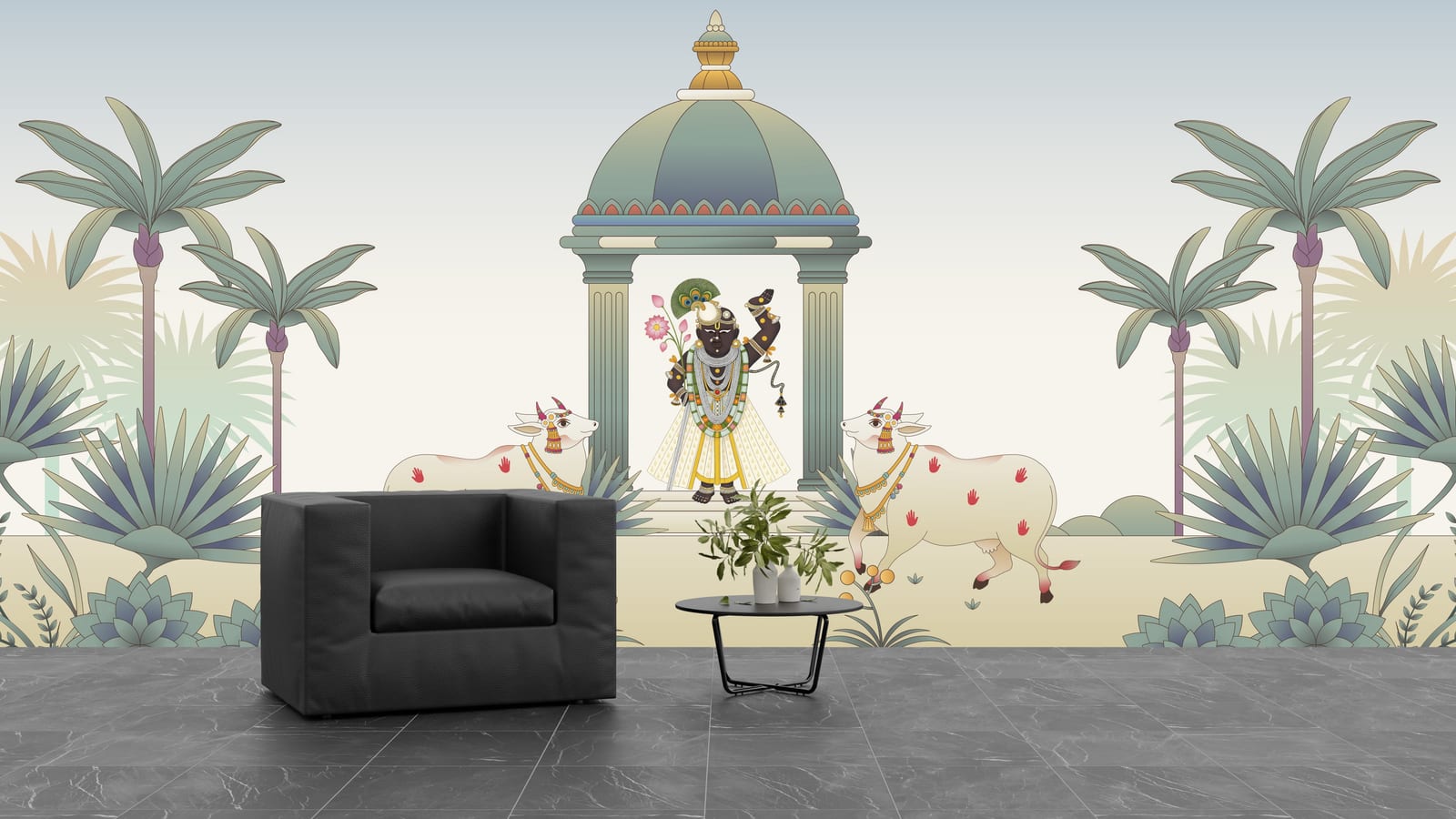Vibrant Krishna wallpaper featuring pastoral scene, soft beige greens, luxury bedroom accent wall