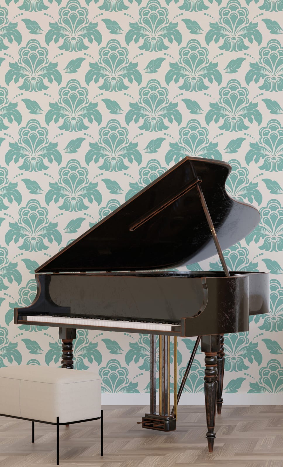Decorative teal floral damask wall mural for stylish hallway interior design