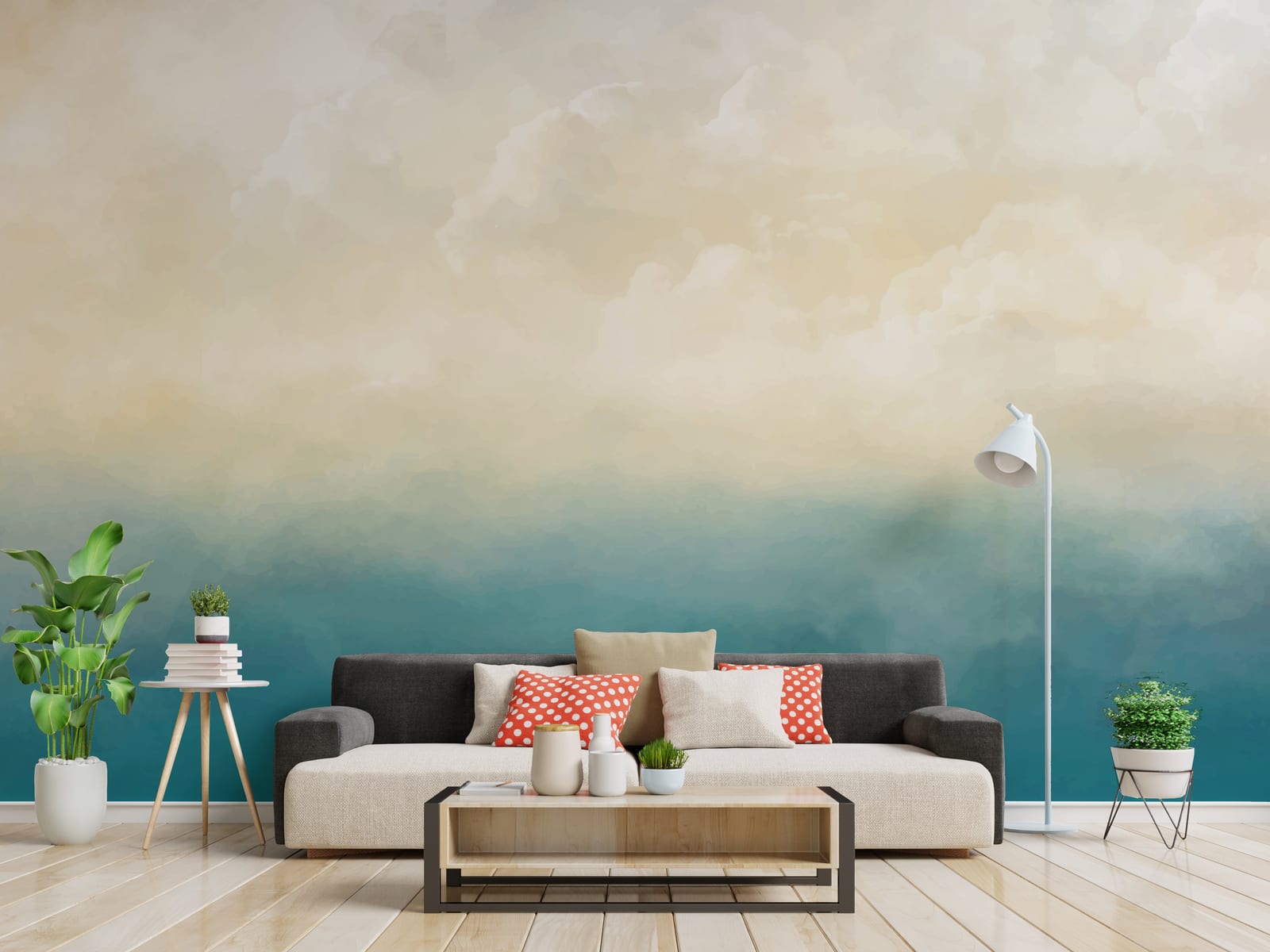 Abstract gradient wall mural with soft cloud texture in beige teal living room interior