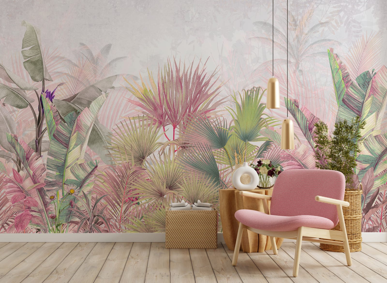 Large leafy wall mural in earthy greens, soft pink, and mustard tones creating a calm and cozy bedroom retreat.