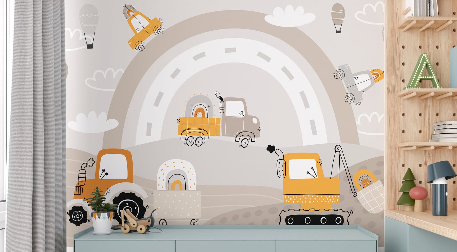 Construction truck nursery wall mural with rainbow road for boys bedroom decor