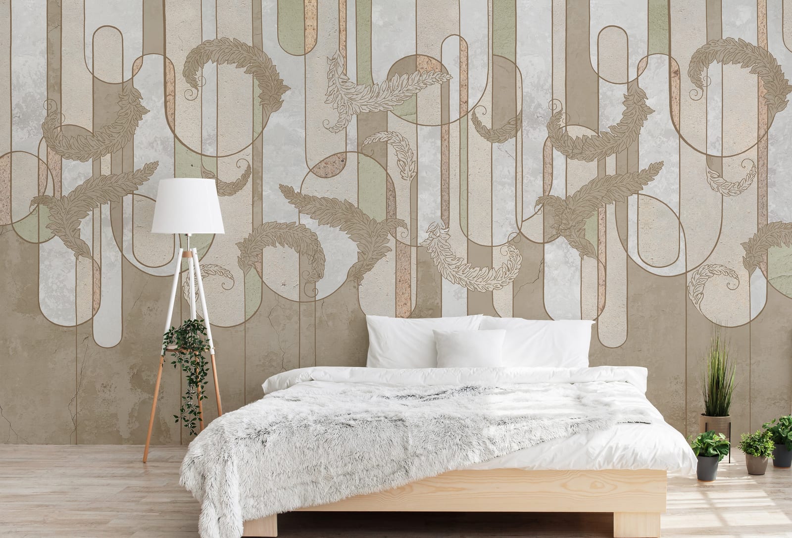 Neutral abstract peel and stick wallpaper with curved lines for elegant bedroom decor
