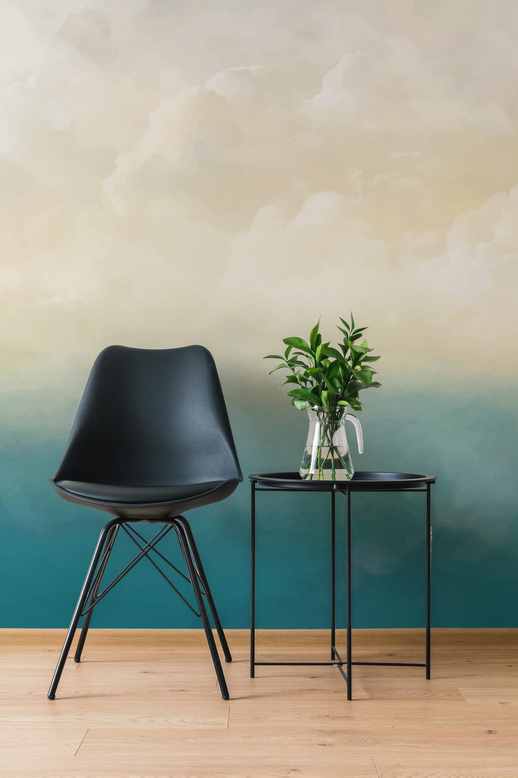 Modern cloud gradient feature wall adding serene mood to chic studio apartment