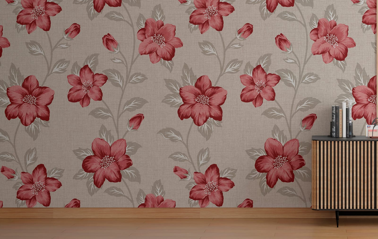 Living room red floral wallpaper featuring bold blossoms on beige accent wall decor
