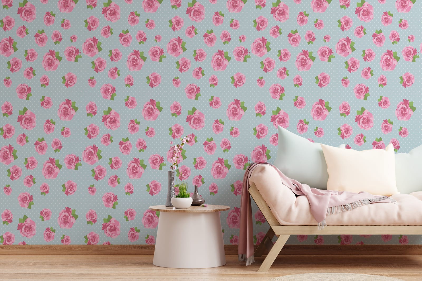 Pink Rose Floral Wall Decor | Blue Vintage Peel and Stick Wallpaper