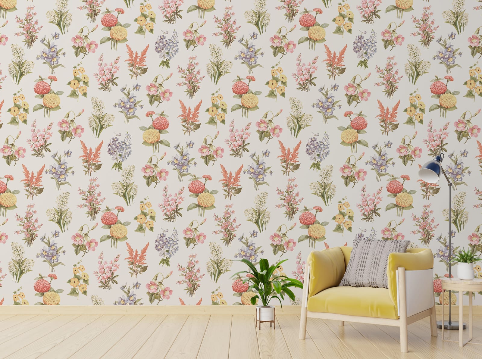 Vintage wildflower botanical wallpaper with pastel floral bouquets for elegant bedroom decor