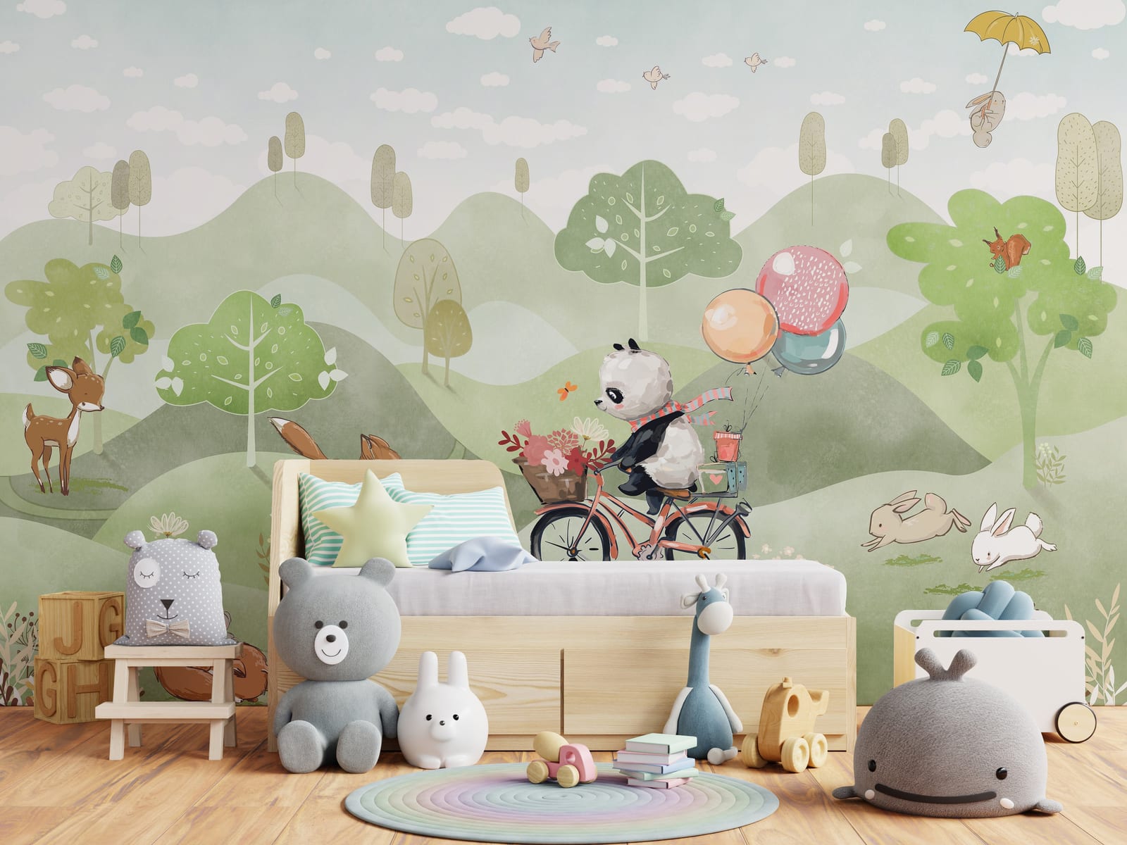 Kids room wallpaper featuring panda cycling with balloons in soft green forest scene