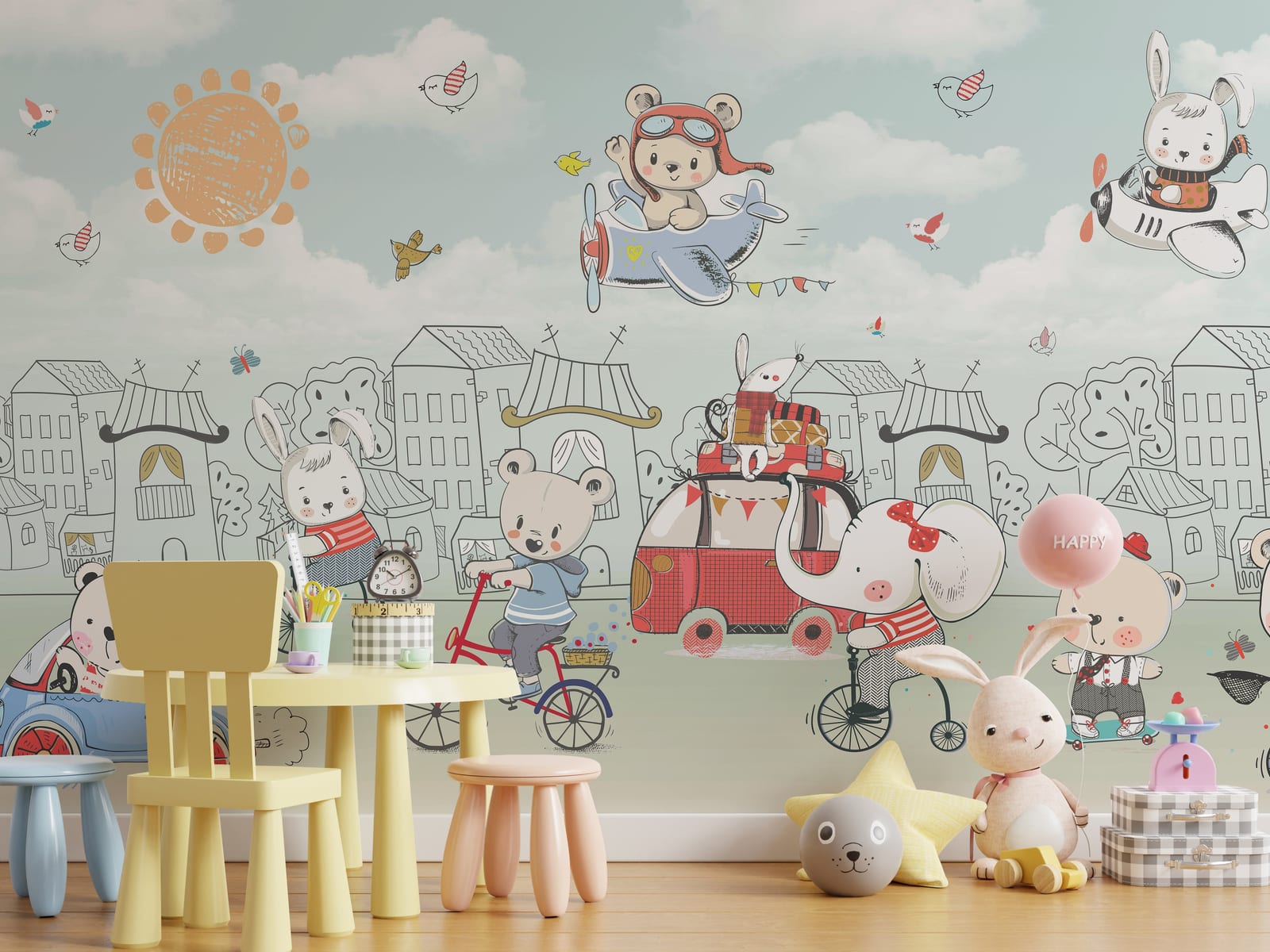 Charming teddy bear kids room wallpaper mural in soft pastel tones for nursery and playroom walls.