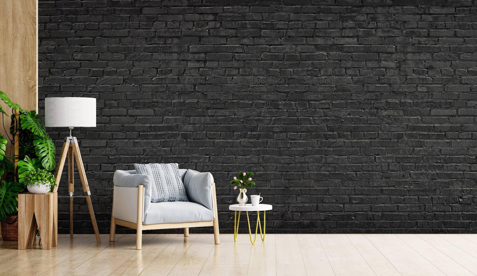 Bold black brick wallpaper mural design featured in a contemporary living room