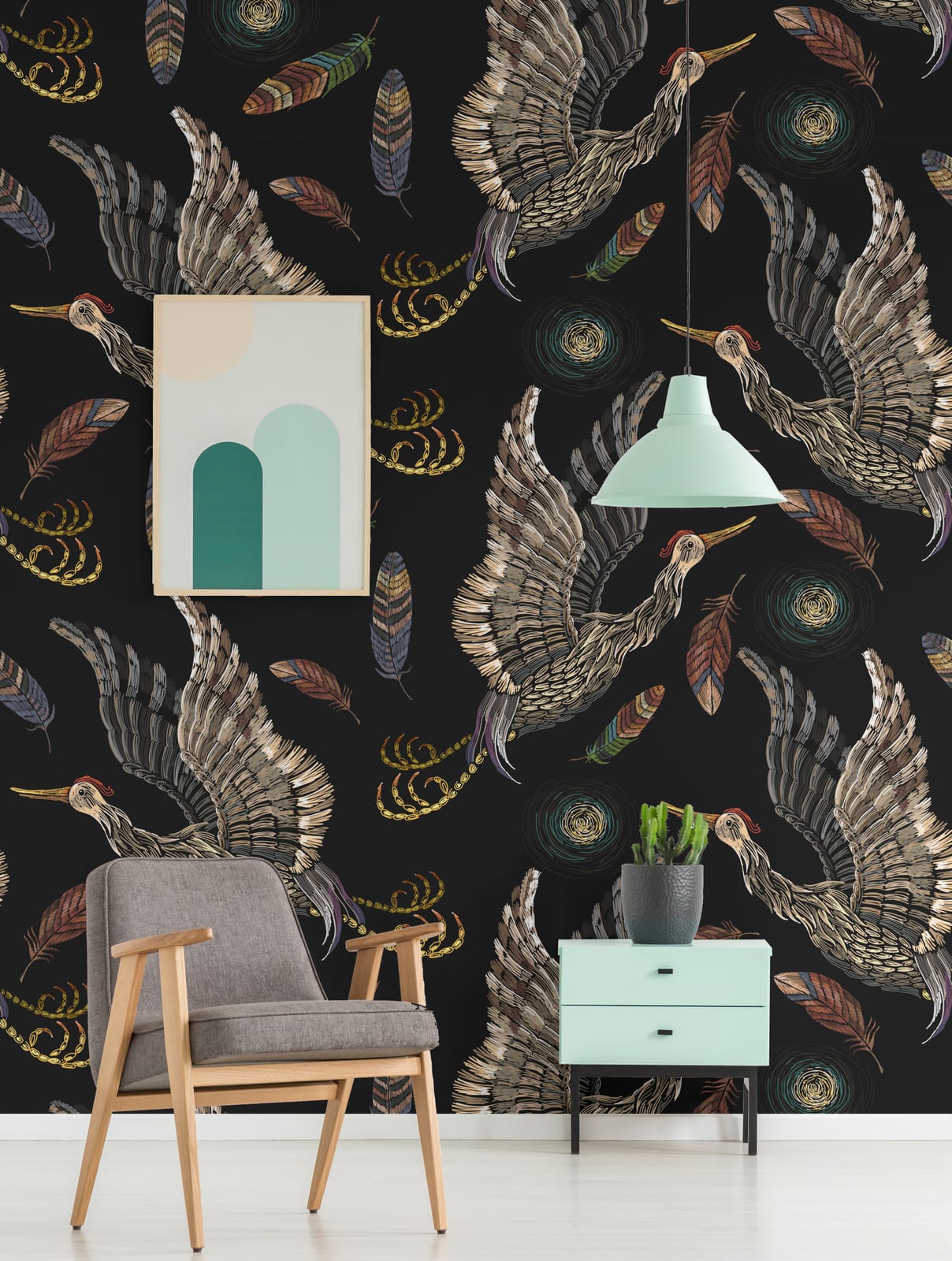 Vintage inspired crane bird wallpaper with feather details, dark tones, cozy study room accent wall