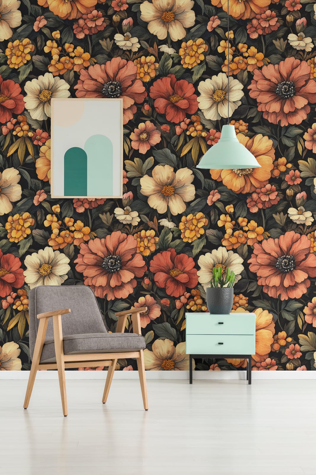 Peel and stick floral wallpaper with burnt orange flowers for living room accent wall