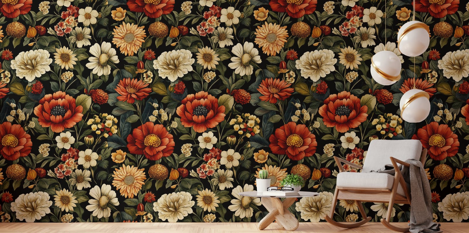 Vintage flower wall design with intricate botanical pattern transforming cozy reading nook