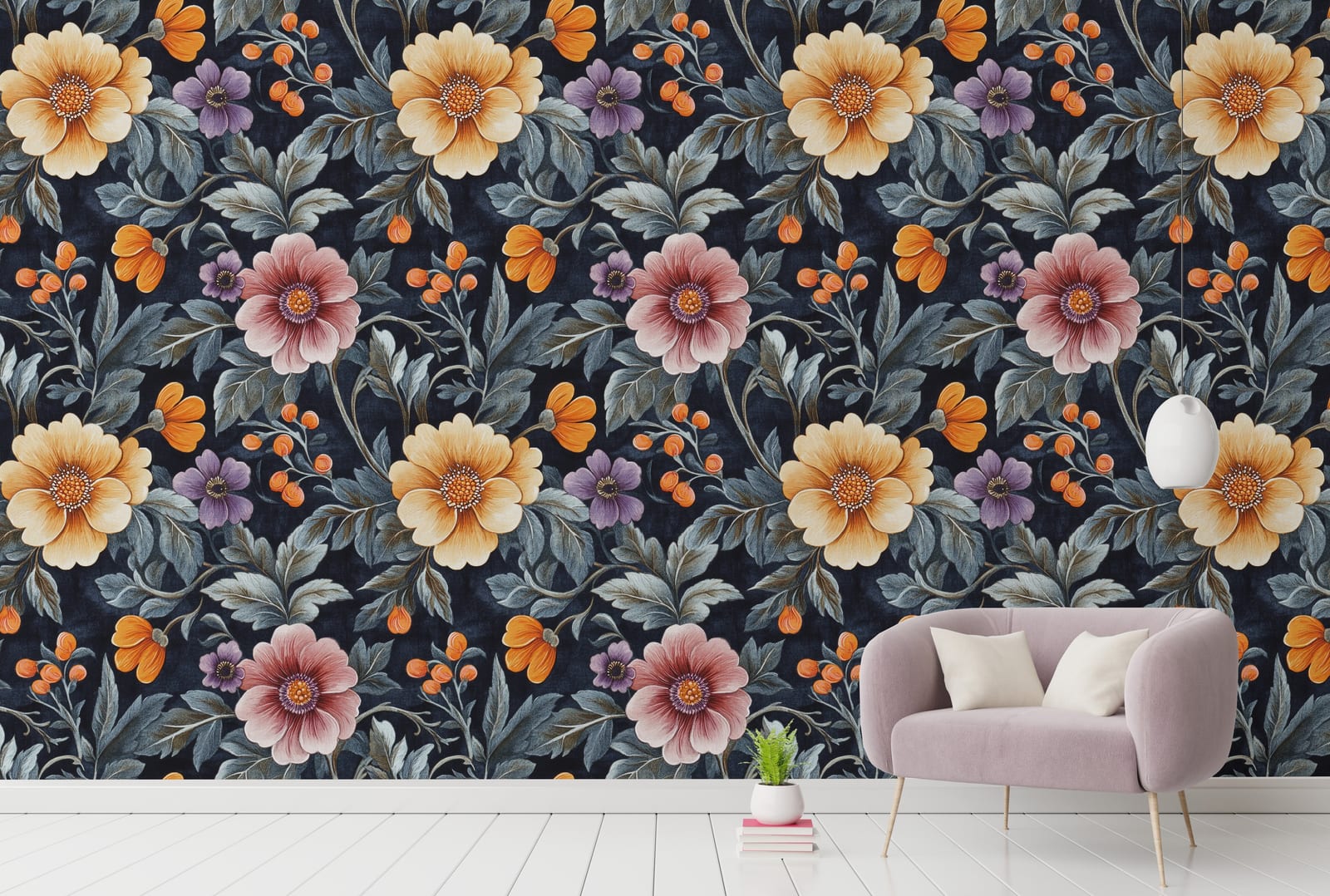 Elegant floral wallpaper with oversized flowers and dark background for luxury hallway decor