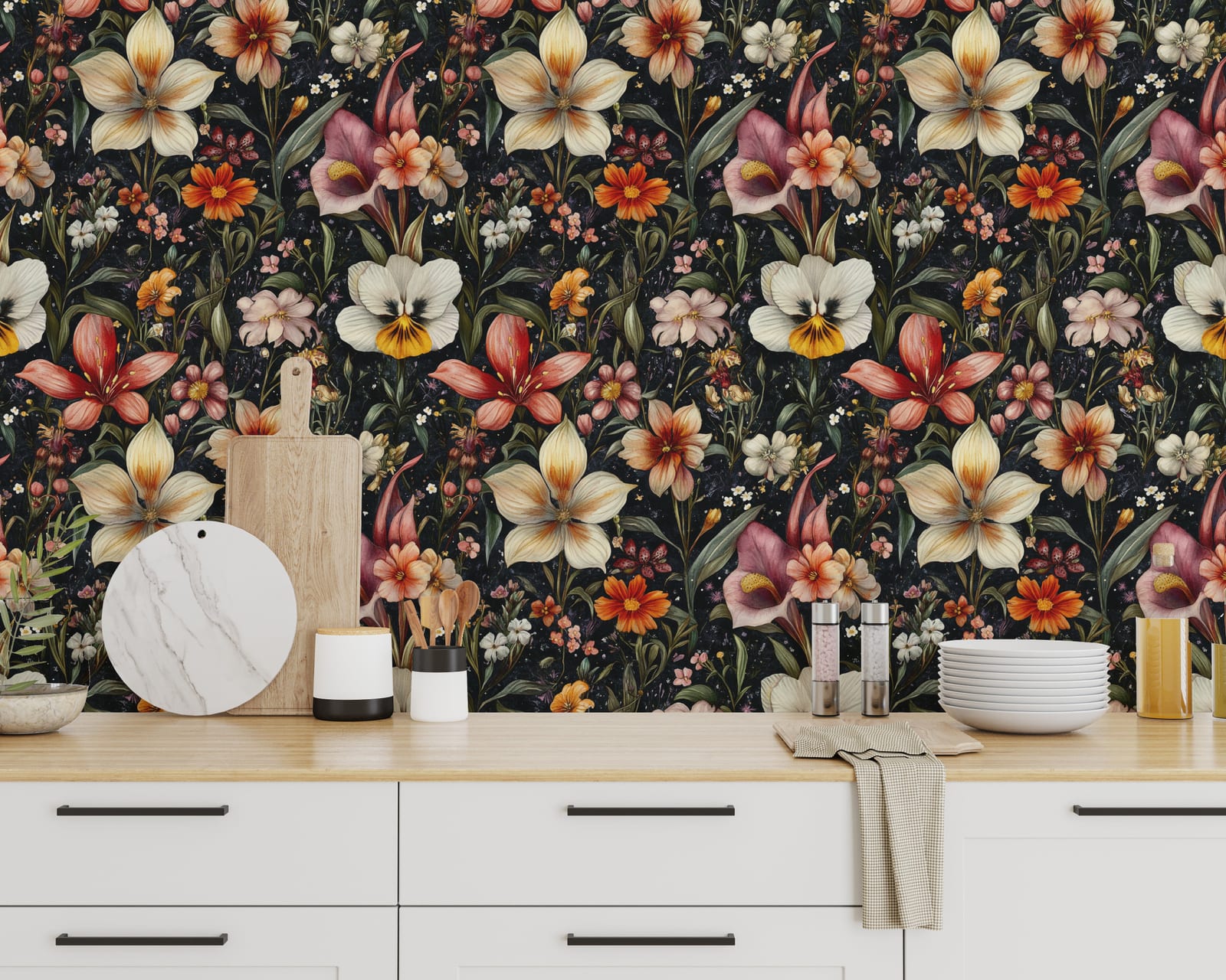 Rich floral wallpaper with bold dark background ideal for chic kitchen area walls