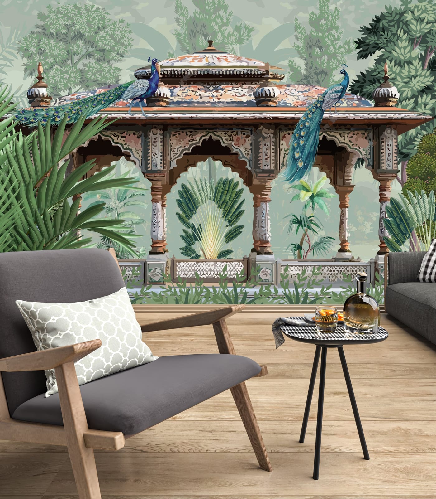 Decorative peacock design with teal tones and foliage for modern office backdrop
