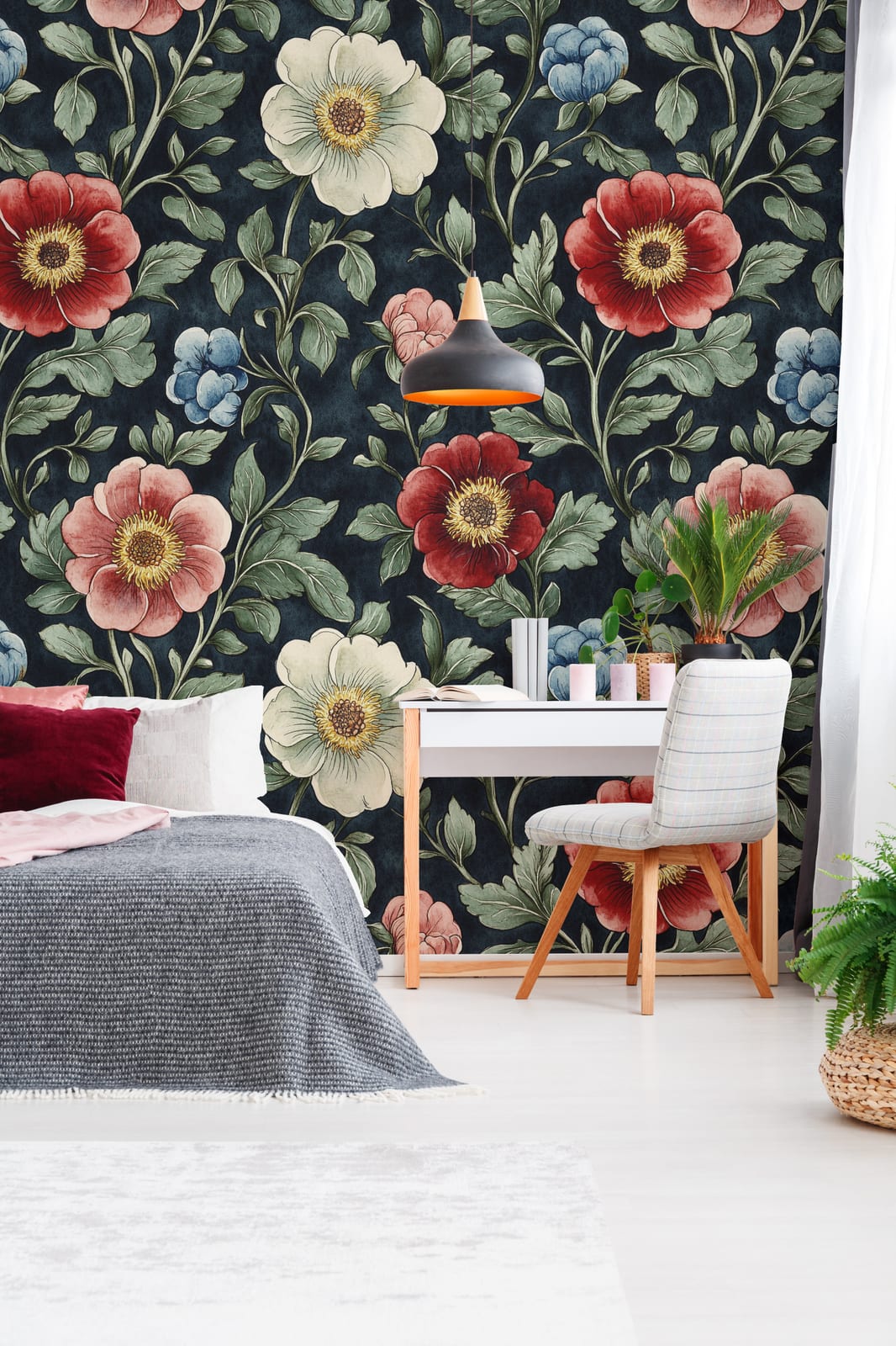 Bedroom feature wall design with navy background red cream flowers, cozy luxurious interior