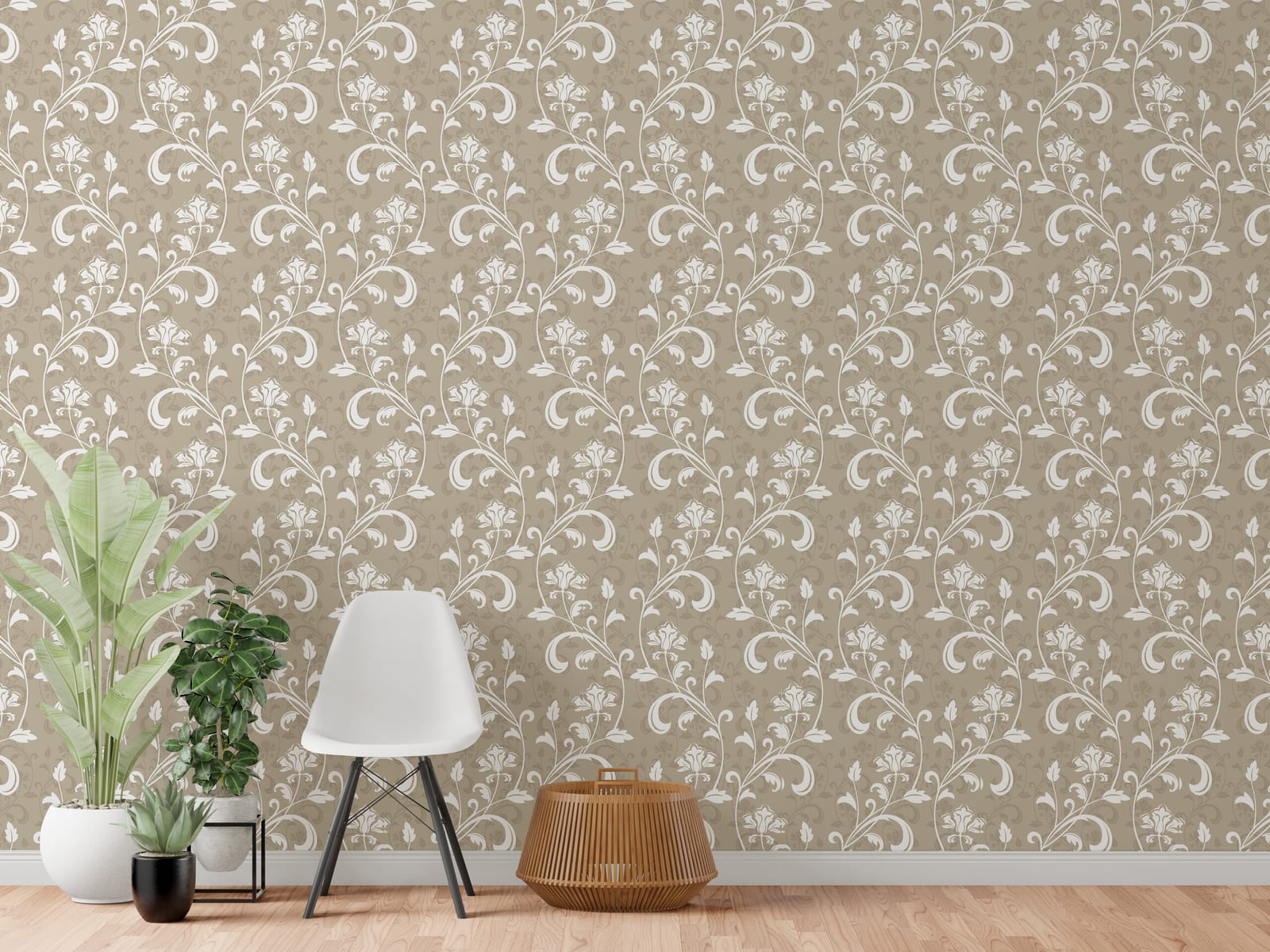 Beige Floral Vine Wall Art | European Botanical Style Peel and Stick Wallpaper