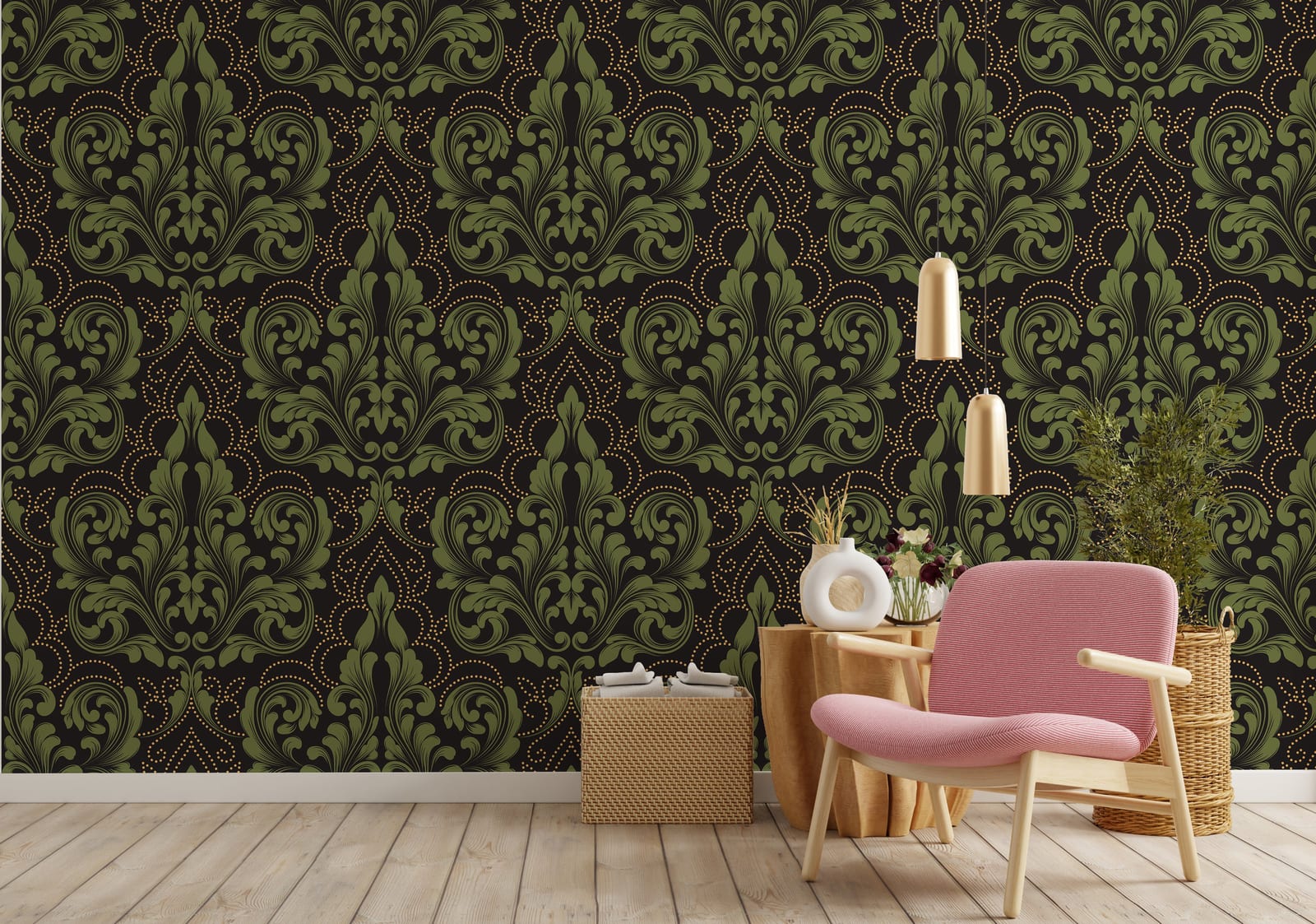 Elegant study room wallpaper featuring rich green damask design for focused stylish environment