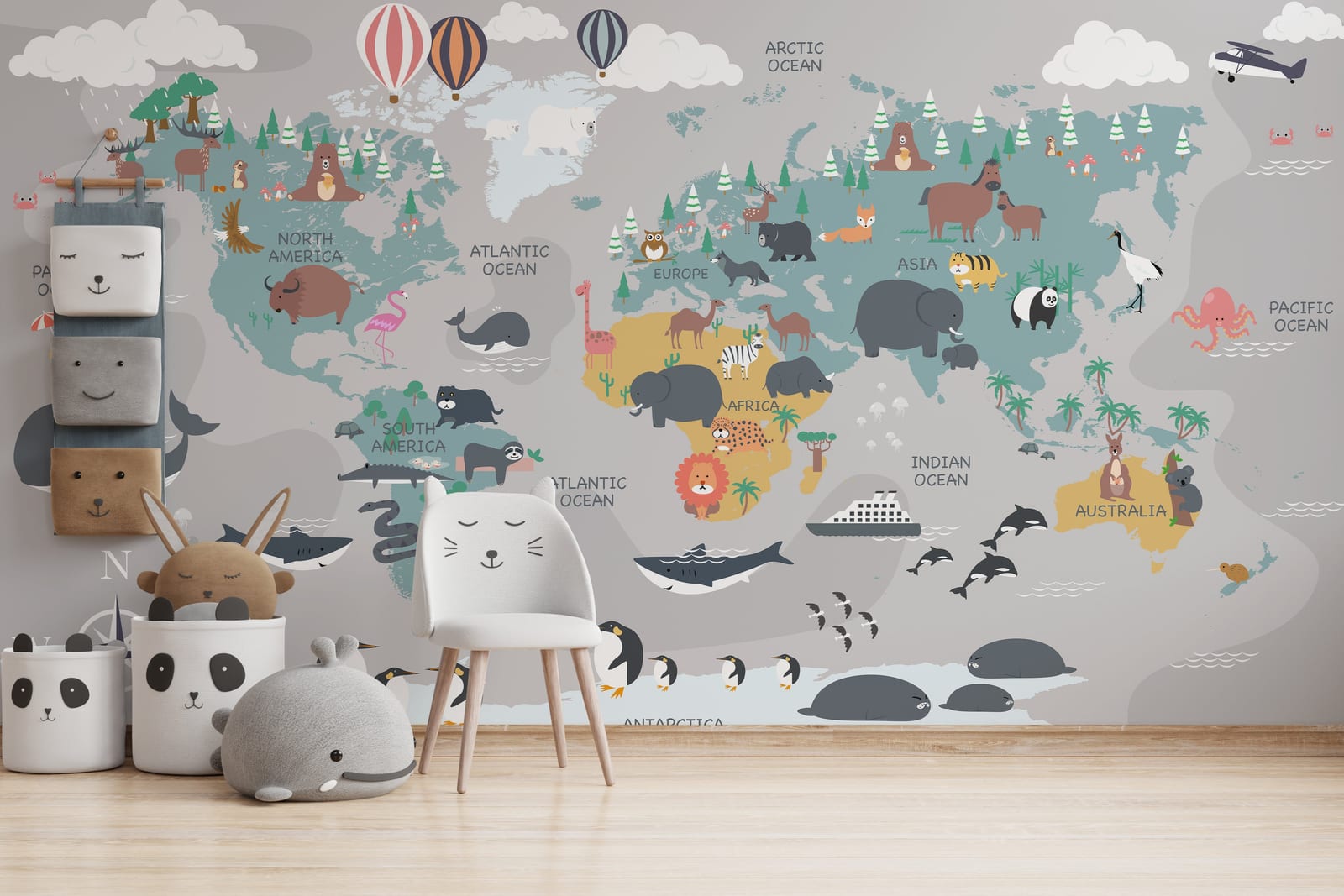 Whimsical Animals World Map Peel and Stick Kids Wallpaper