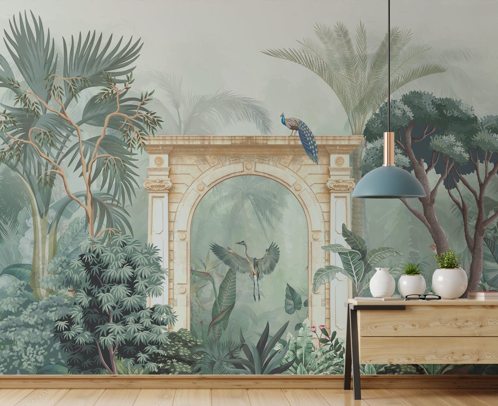 Botanical peacock paradise mural for contemporary apartment lounge decor