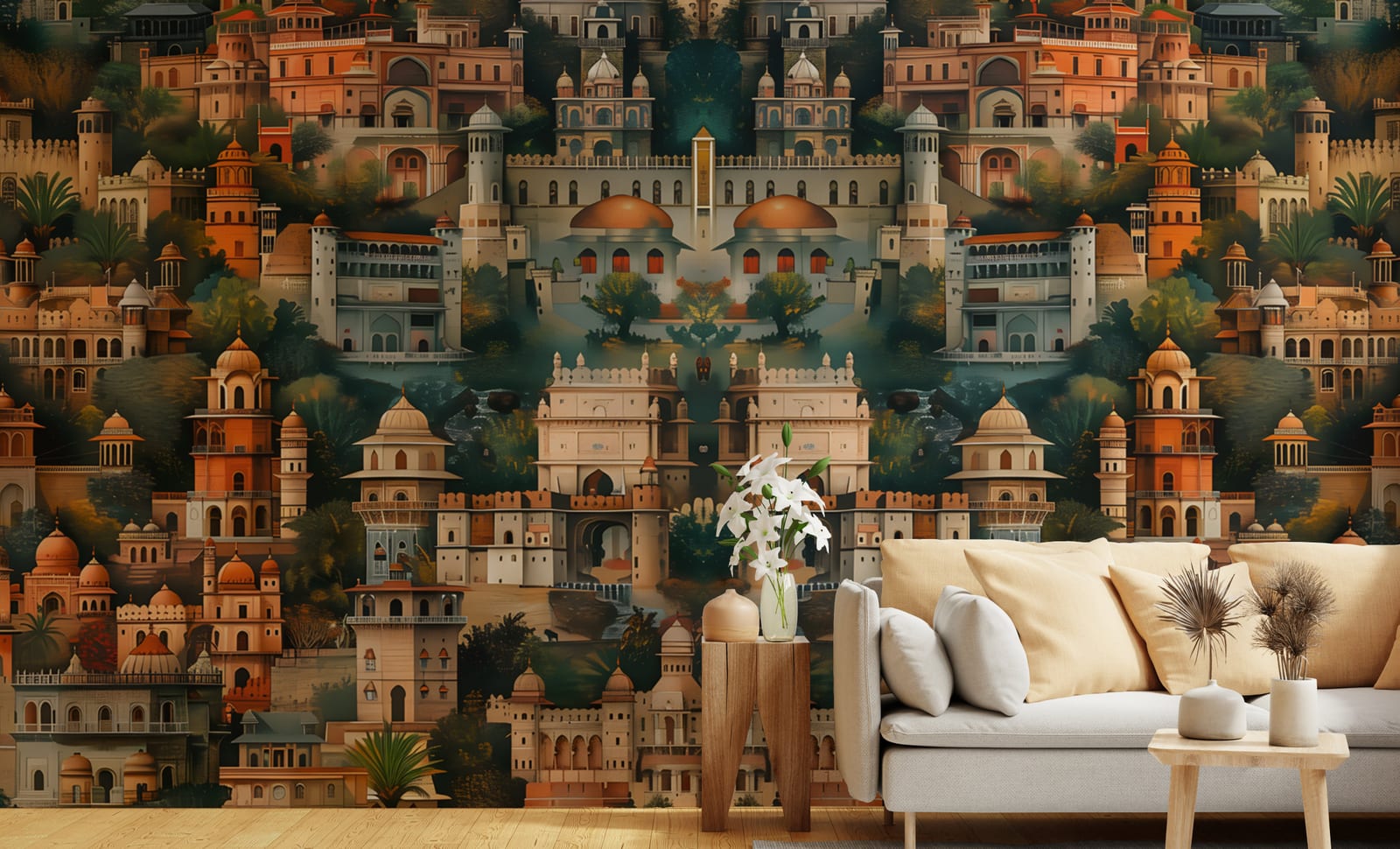 Vintage Indian palace architecture wallpaper mural featuring historic forts domes and terracotta buildings in elegant living room interior