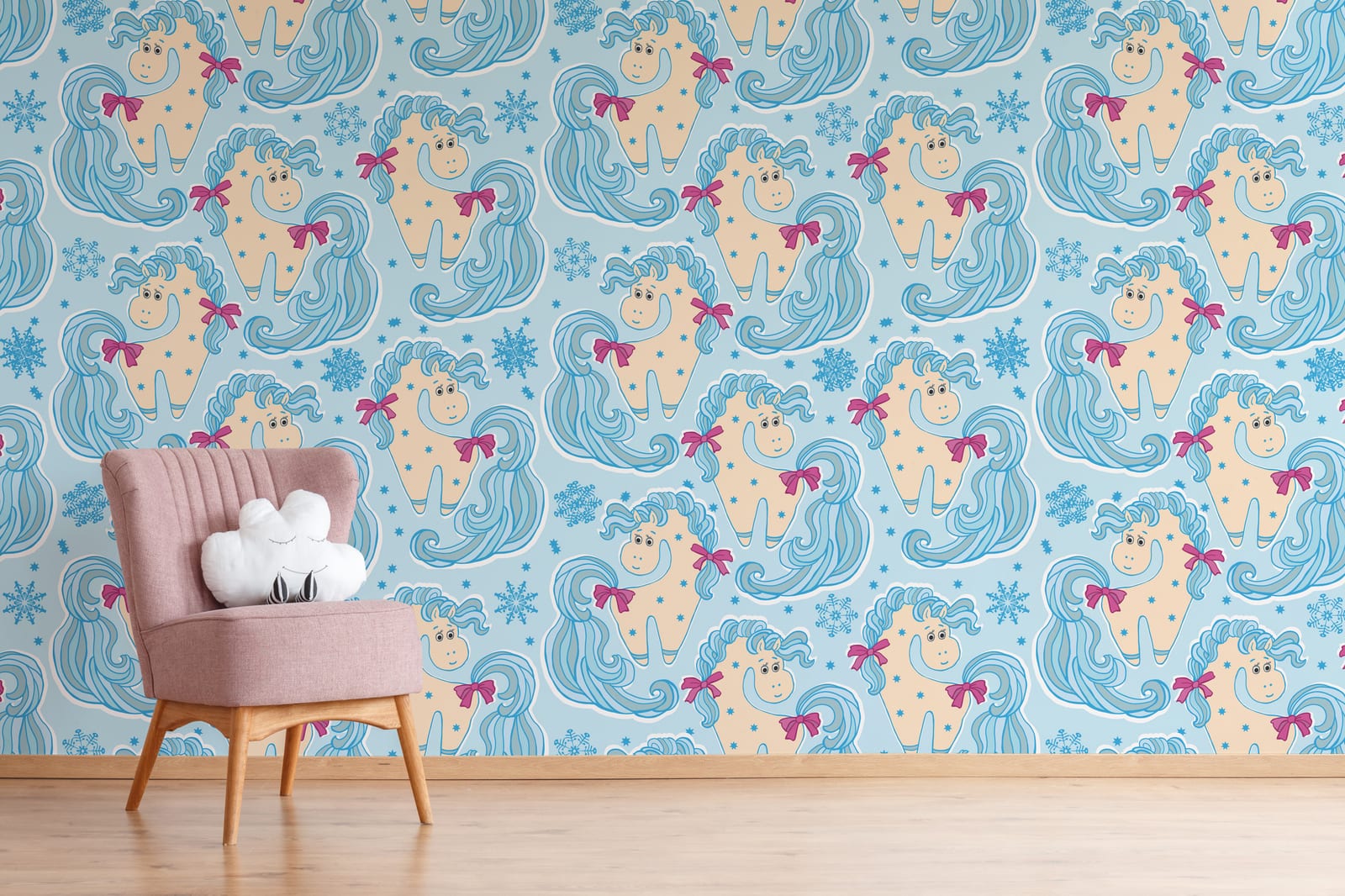 Blue unicorn kids wallpaper with star elements ideal for nursery and toddler rooms