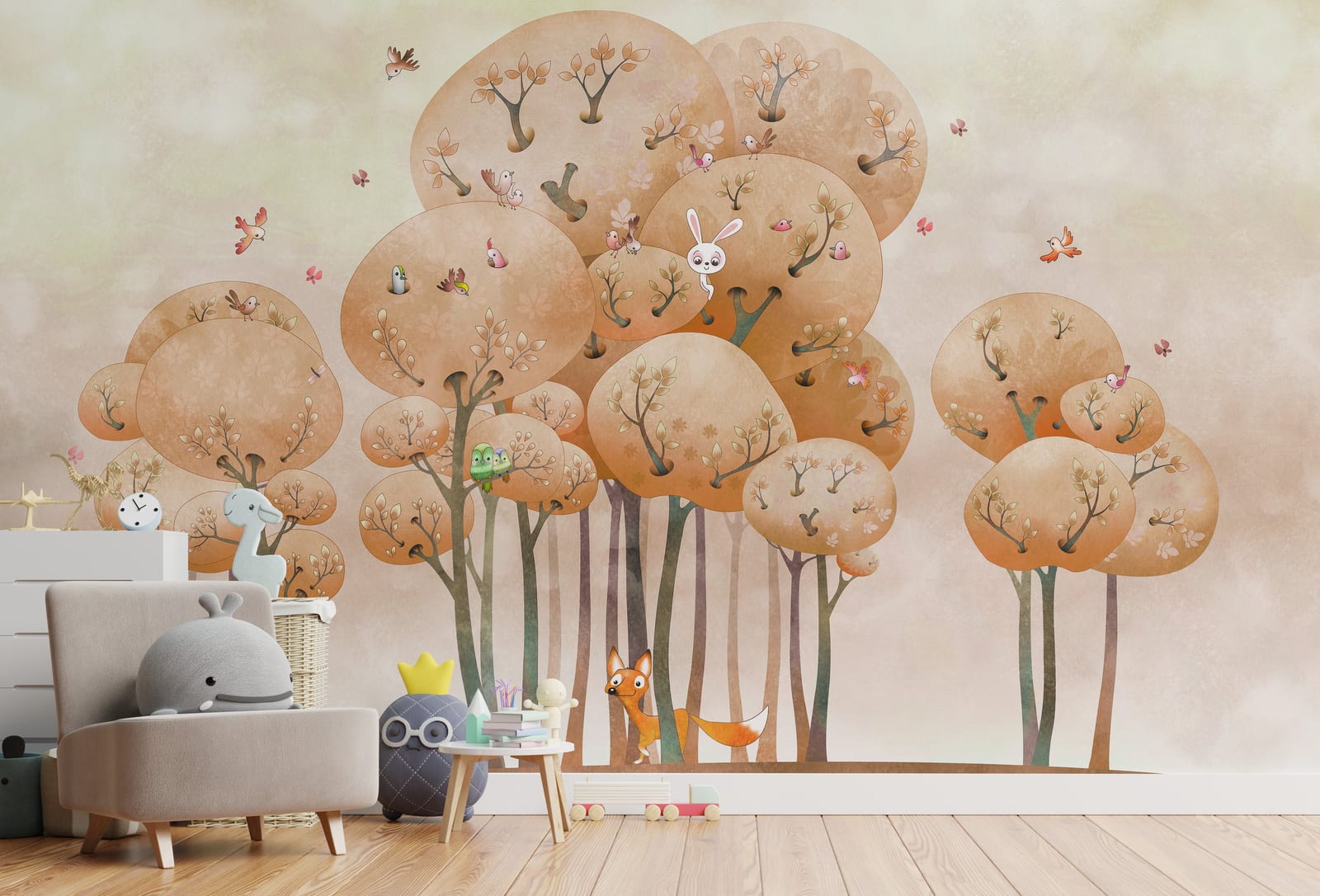 Kids Watercolor Tree Wallpaper | Beige Orange Forest Removable Nursery Decor