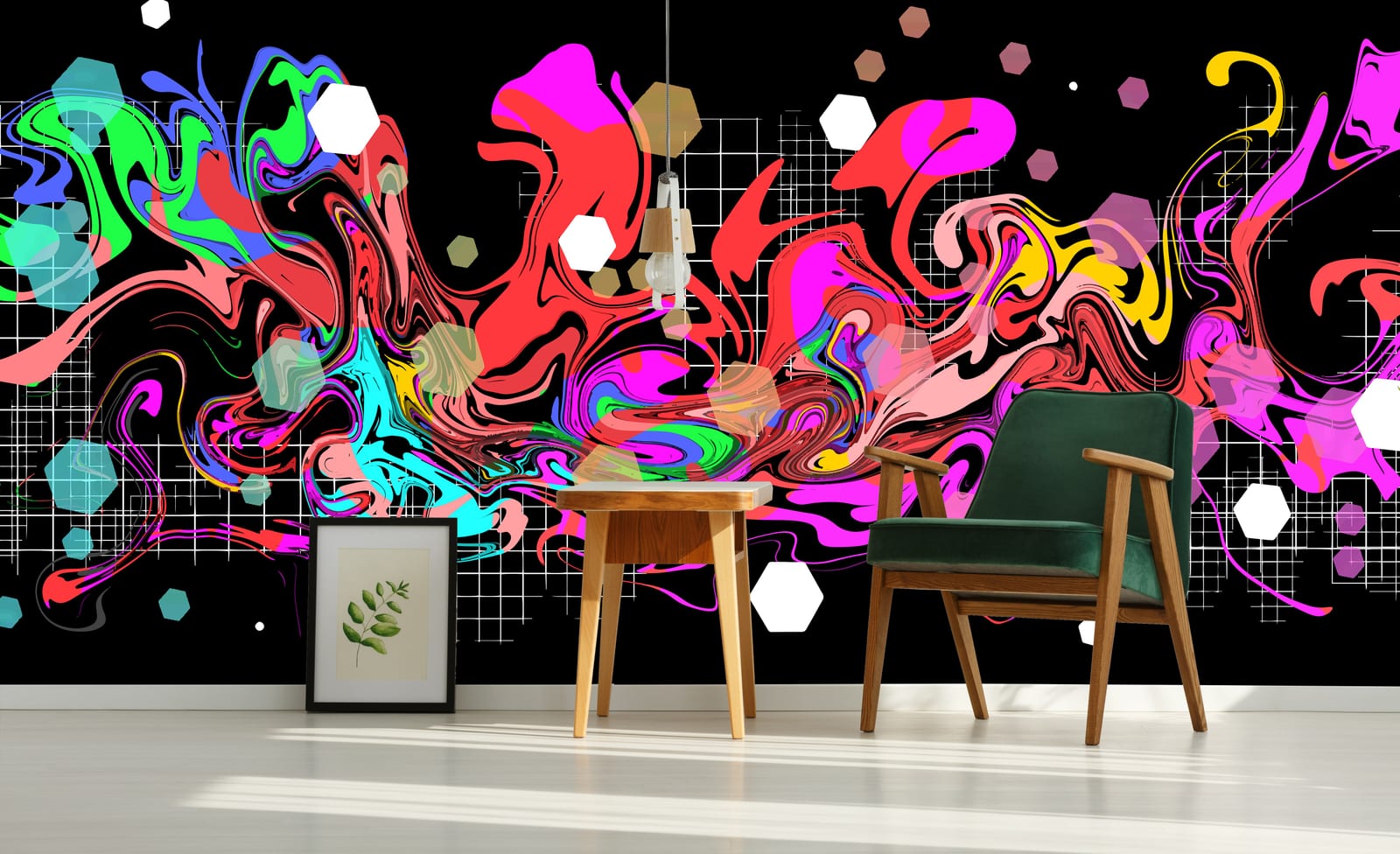 Modern graffiti mural with colorful swirl artwork for creative office decor