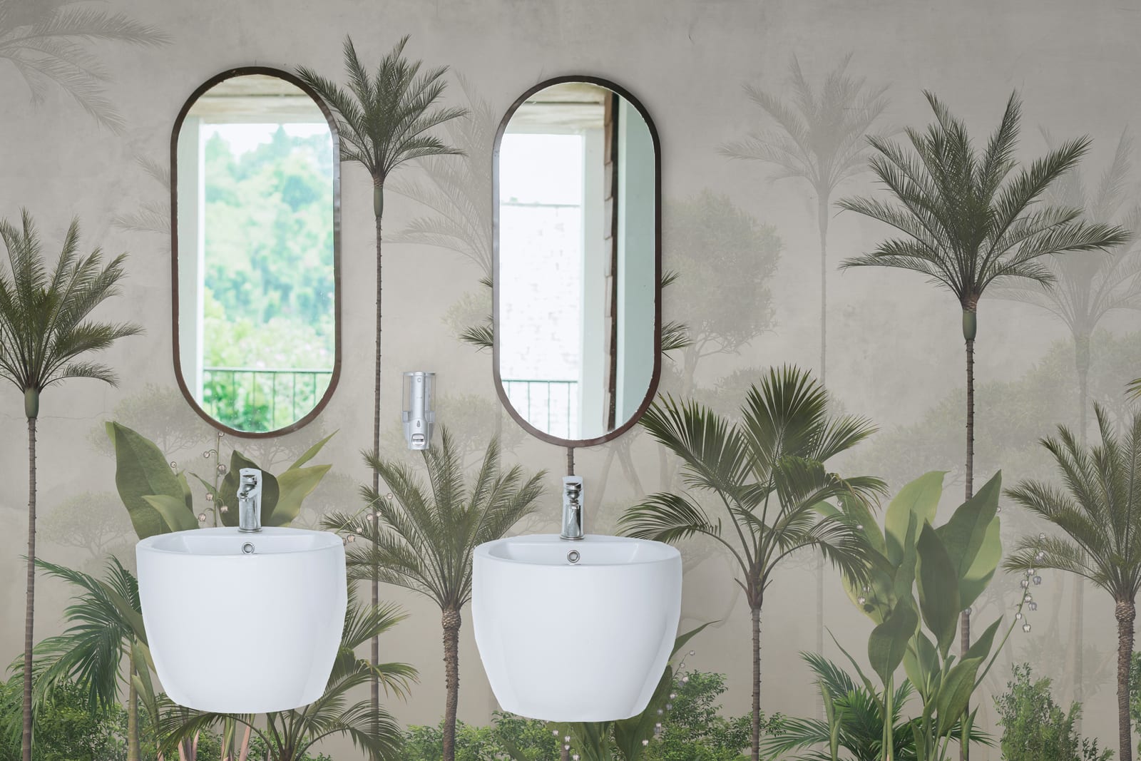 Calm jungle palm mural in neutral green palette for modern bathroom wall styling