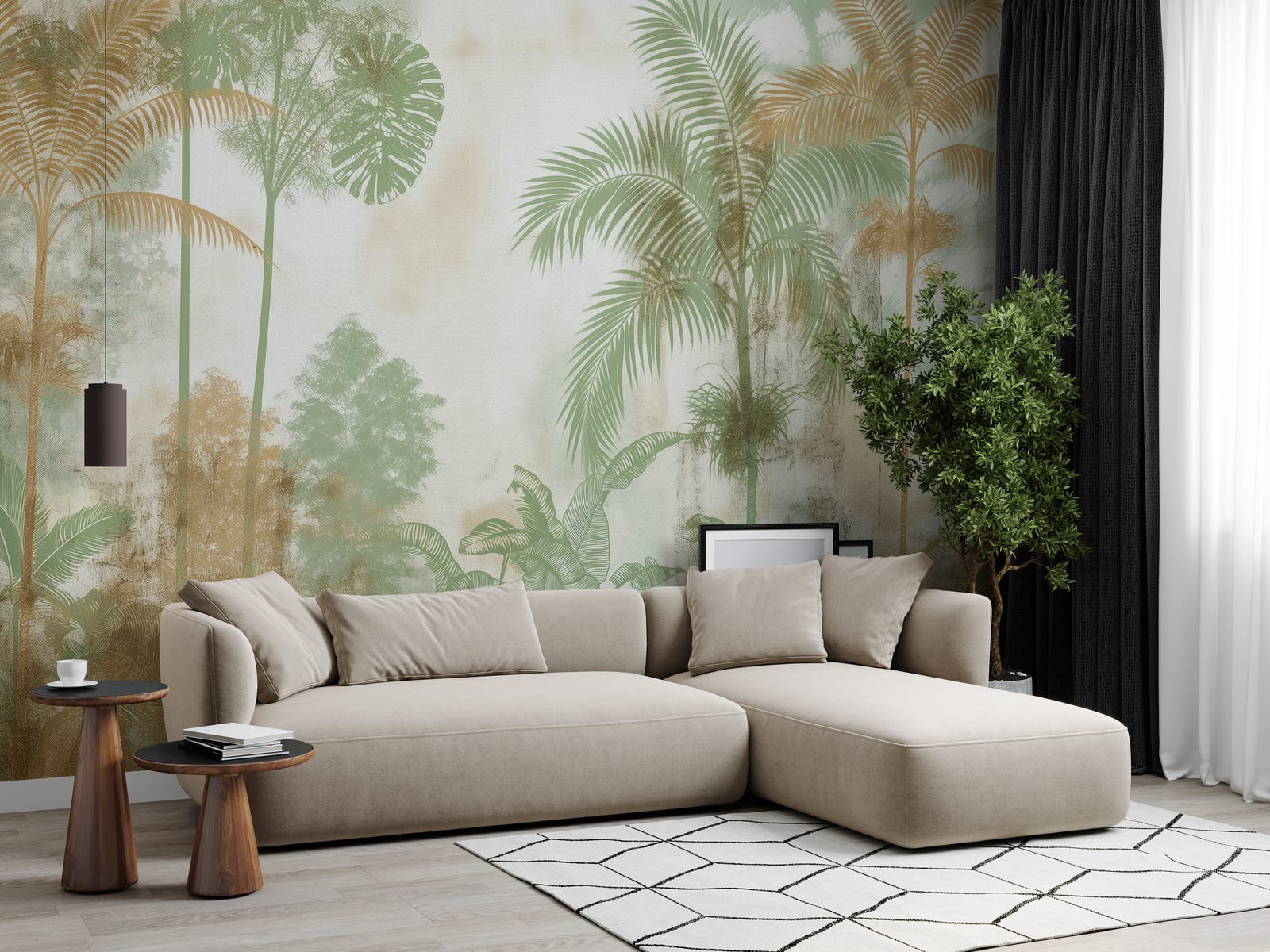 Botanical wallpaper with soft green tropical leaves and misty jungle for living room