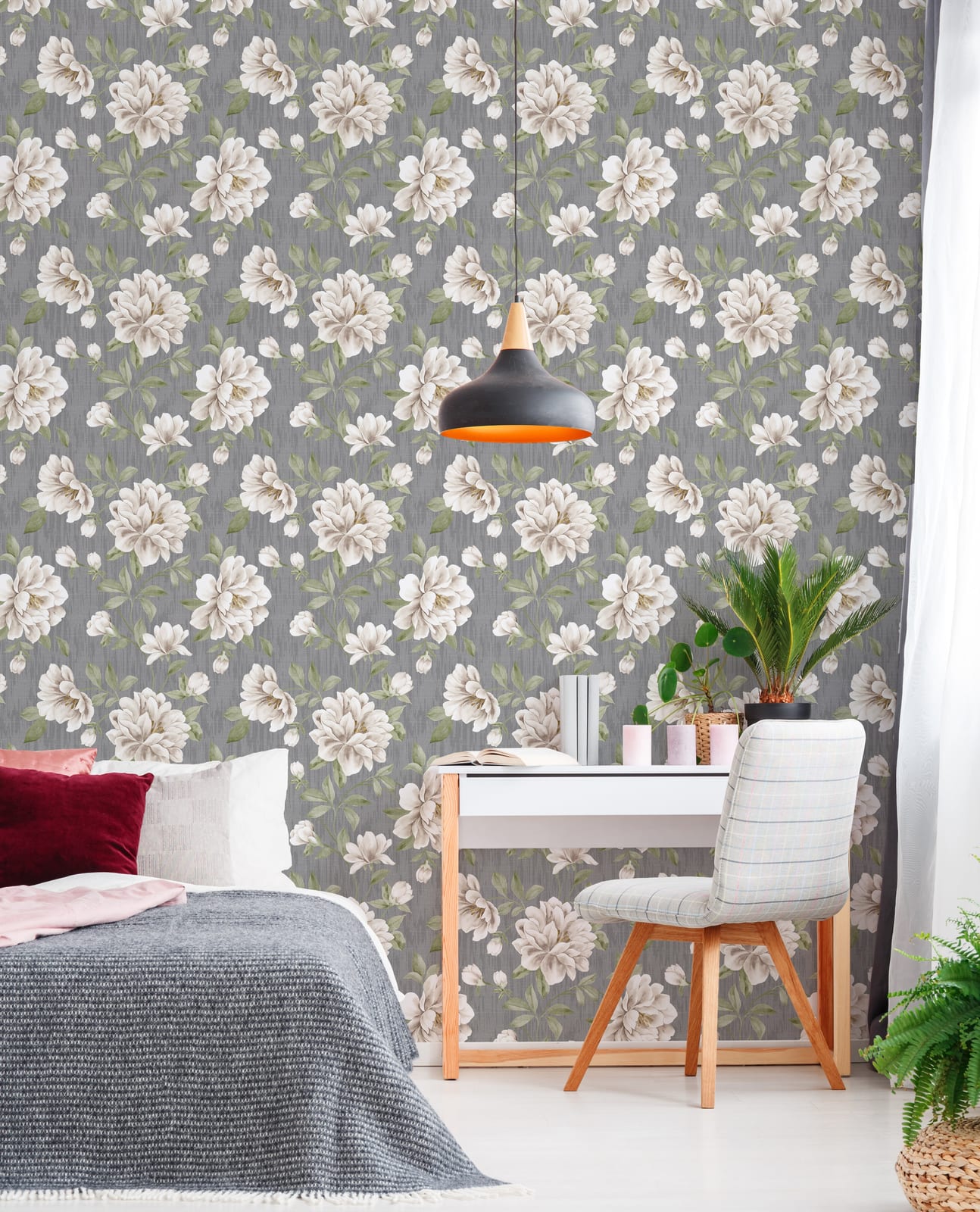 Nature inspired wall mural wallpaper with delicate floral pattern in muted grey tones for modern bedroom