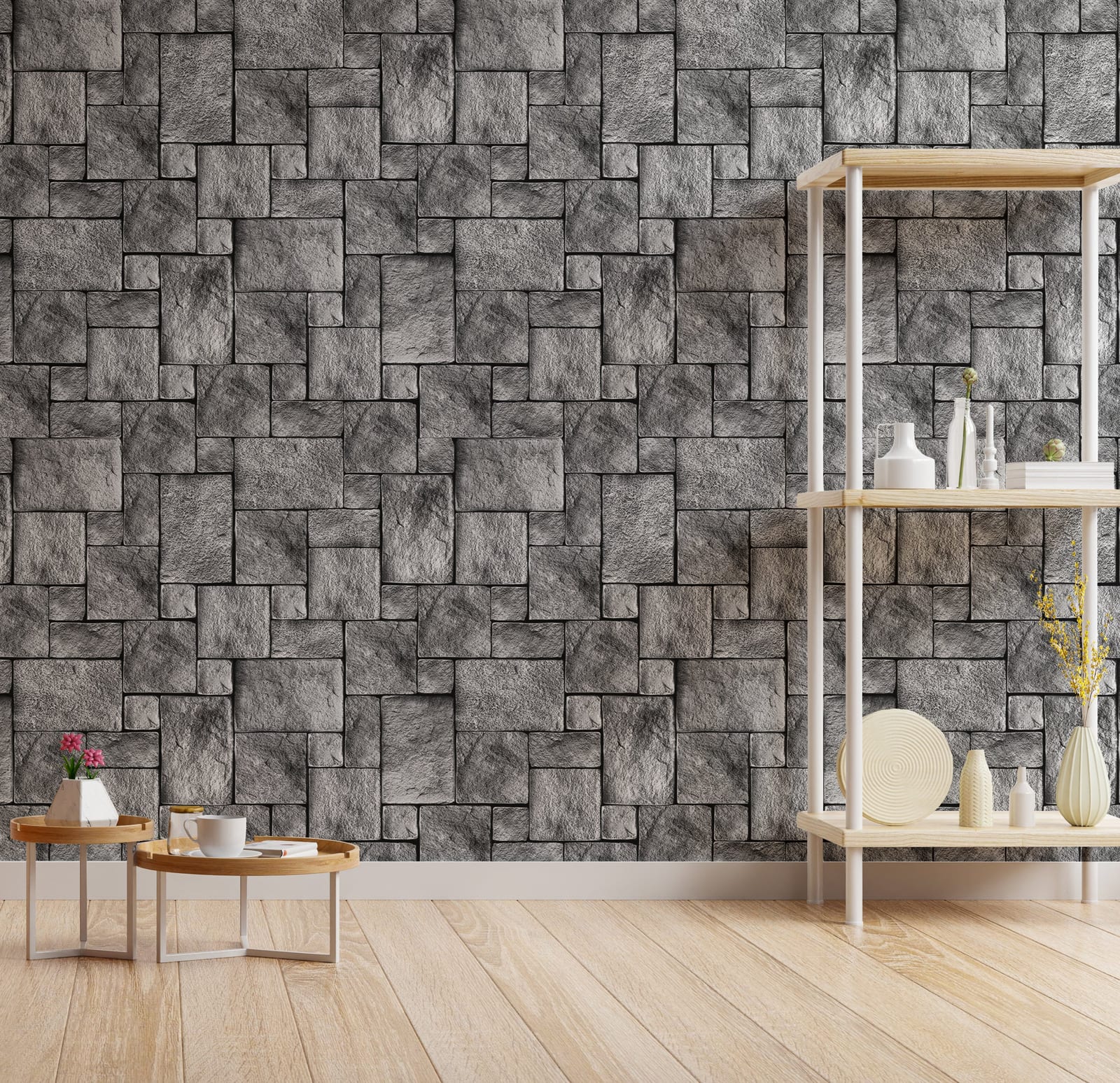 Grey stacked stone wallpaper mural featuring realistic rock block texture creating modern industrial style interior wall decor