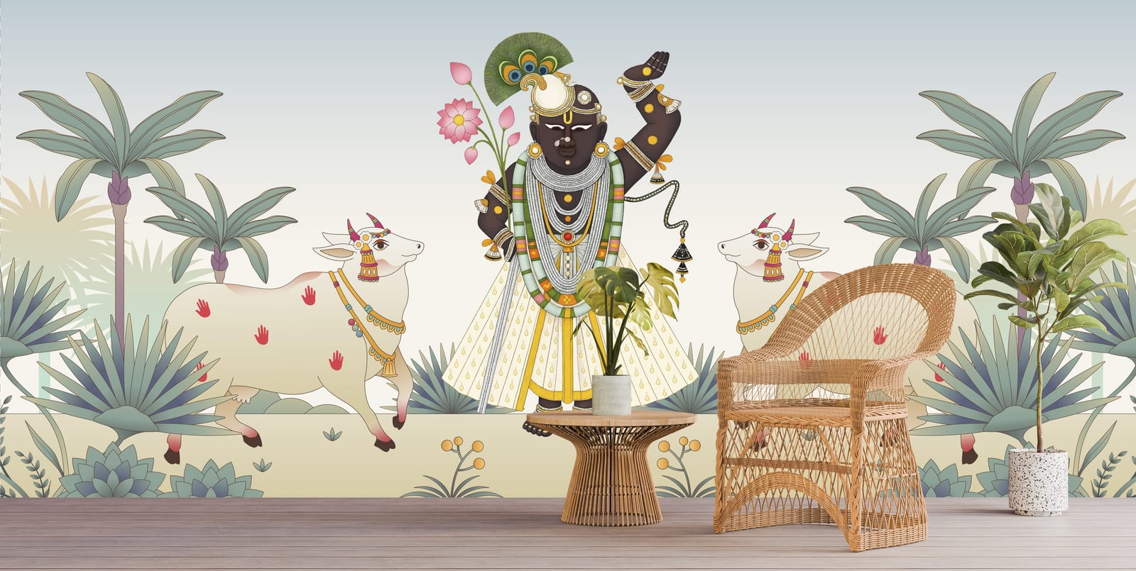 Spiritual Krishna wall design with traditional motifs, warm neutrals, modern pooja room backdrop
